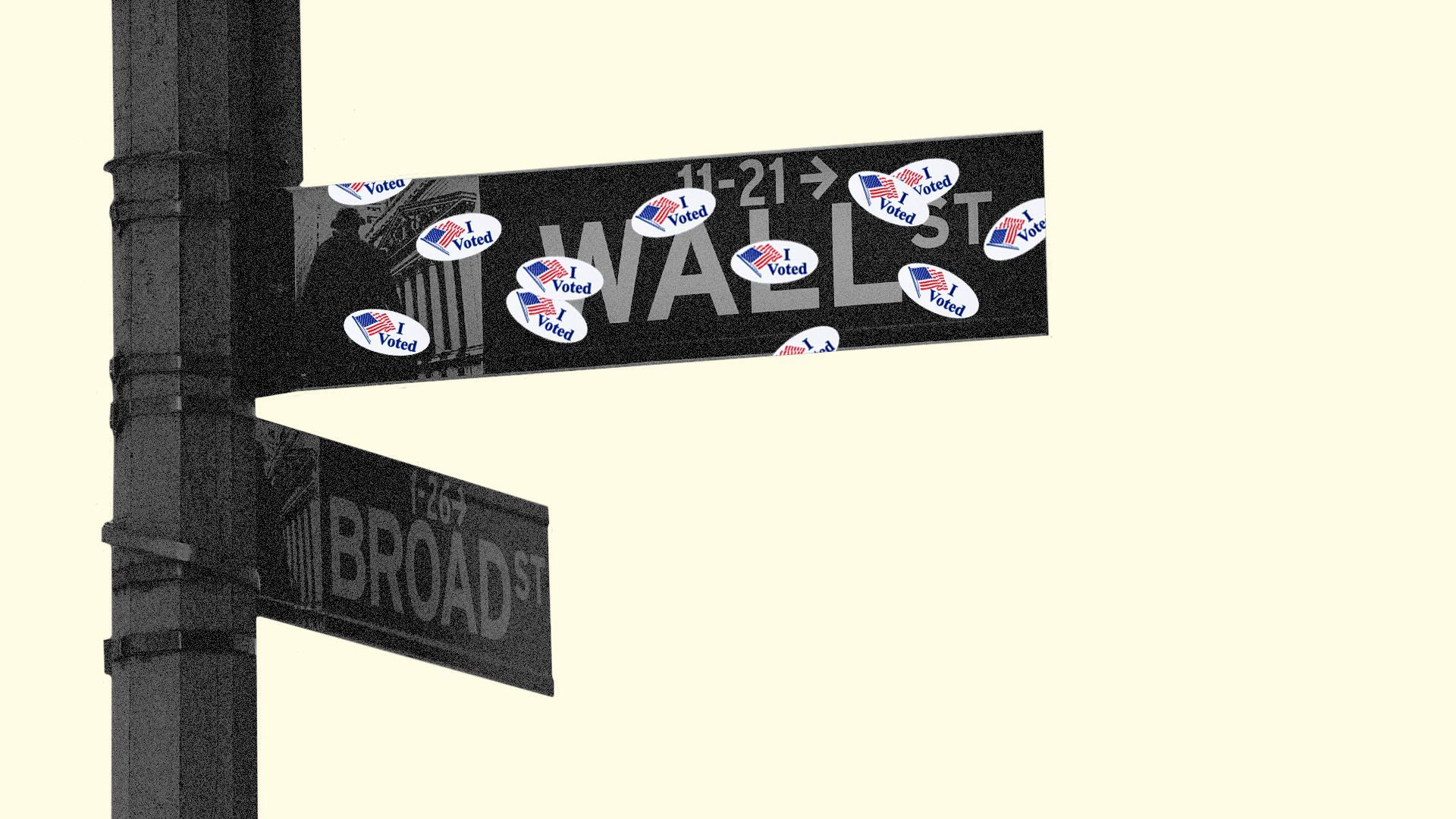 An illustration of a sign covered in "I voted stickers" pointing to Wall Street 