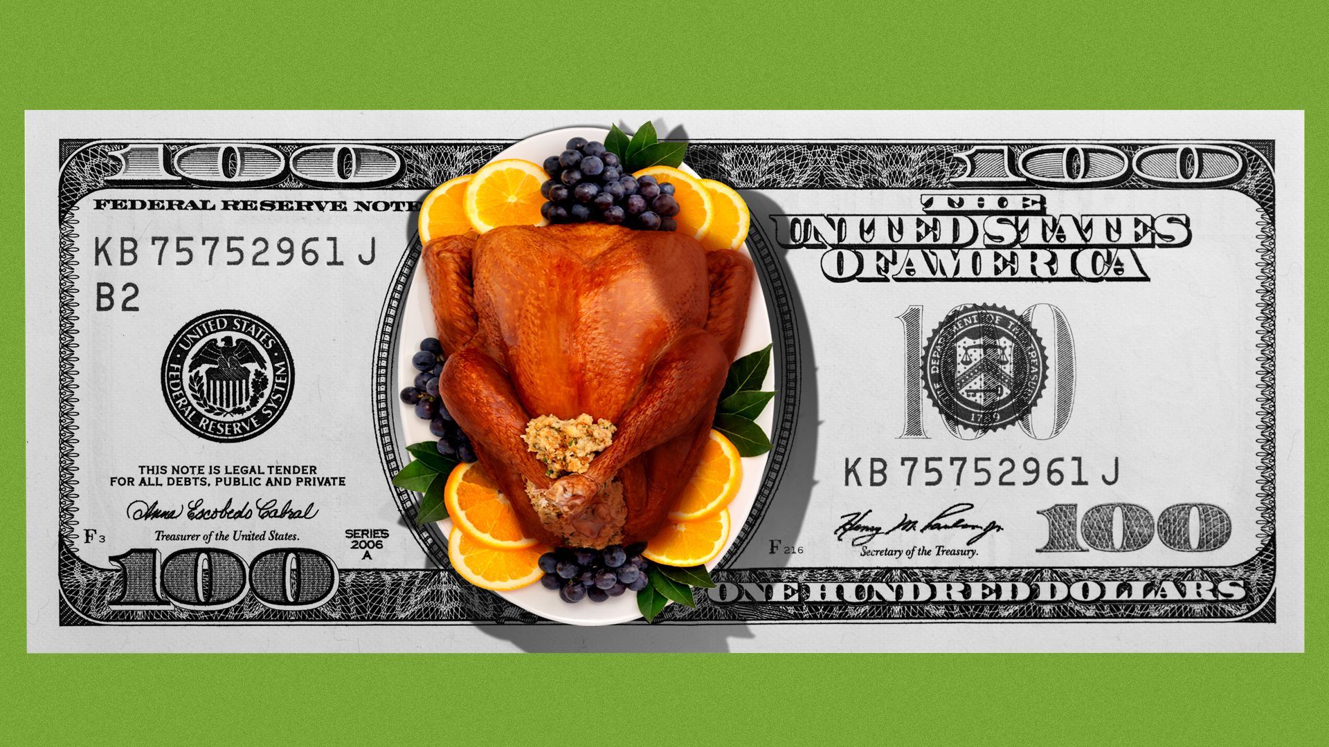 Illustration of a hundred dollar bill with a platter of turkey in the middle