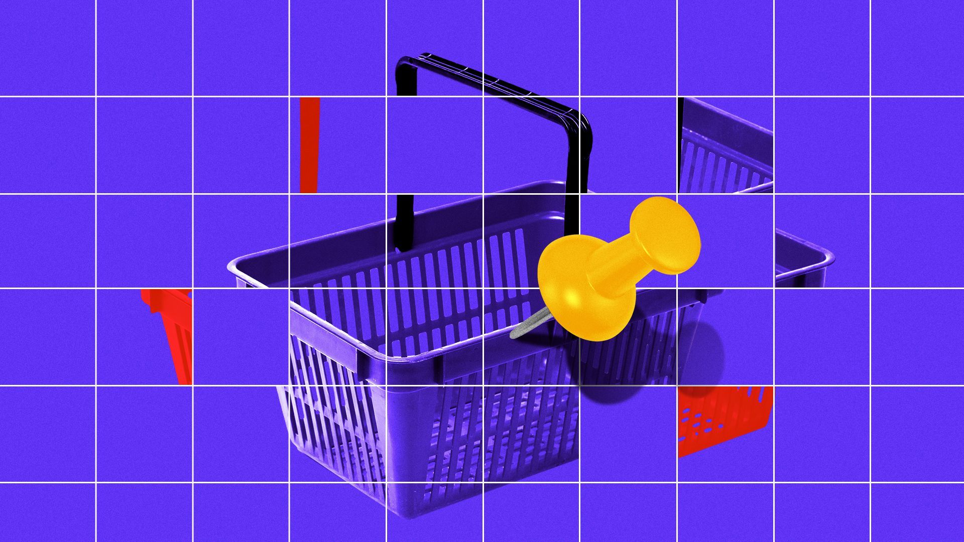 Illustration of a shopping basket on a grid with a push pin.