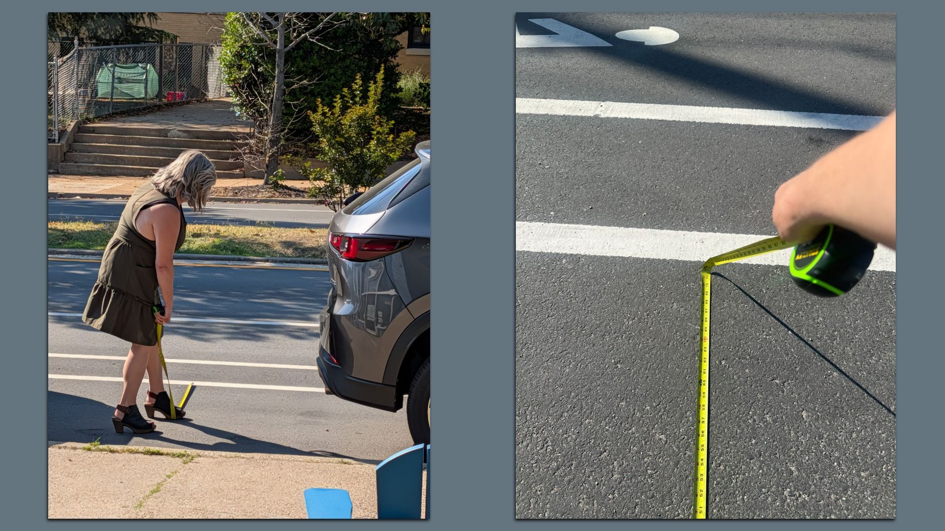 Two-panel image: left shows a woman bending by a silver SUV on a residential street, using a yellow measuring tape; right shows a close-up of a hand with a yellow tape on asphalt with white lines.