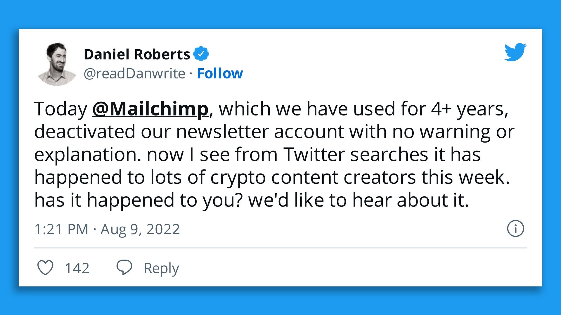Decrypt's editor tweets about how Mailchimp booted his company from its service. 