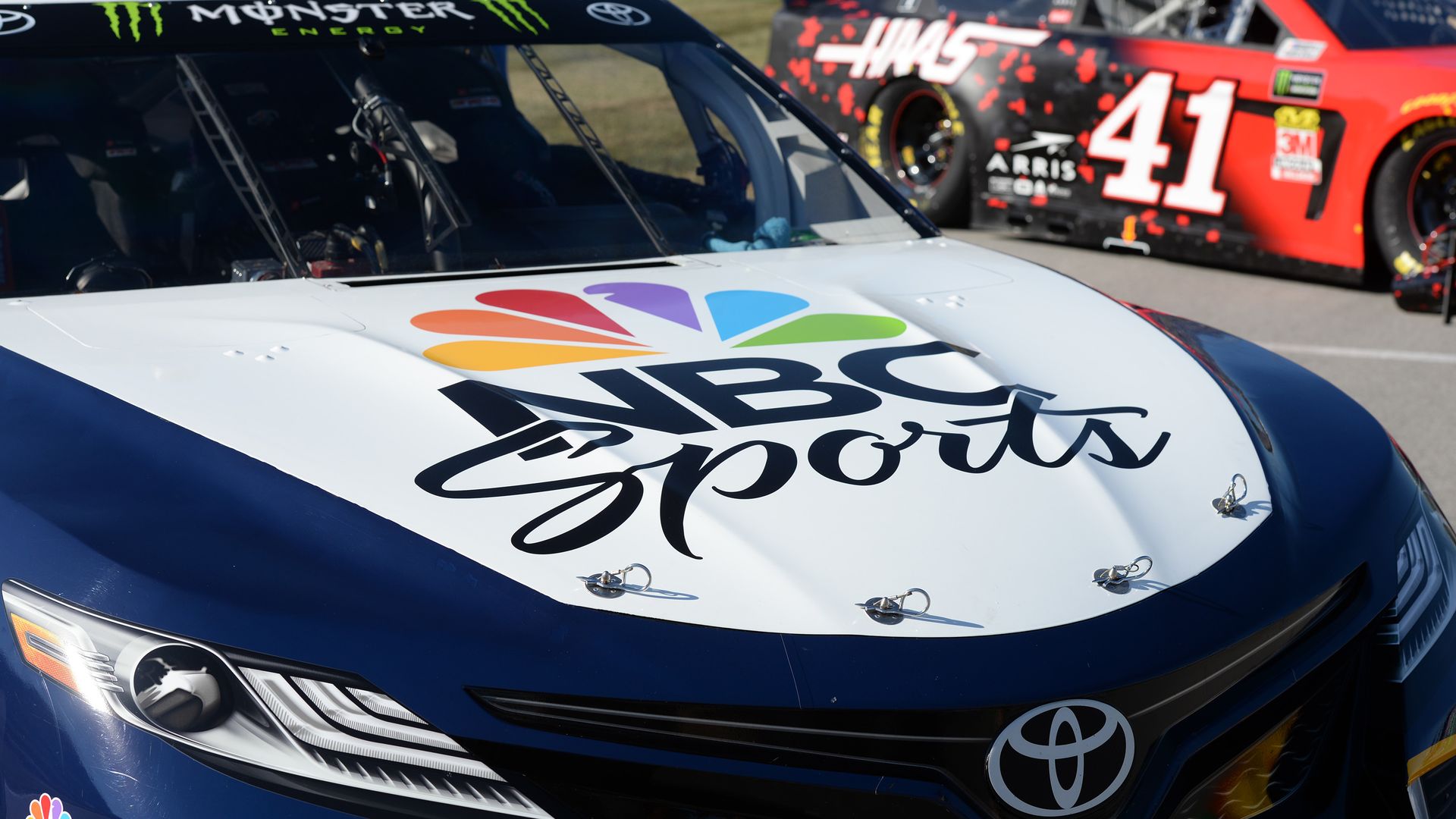 The NBC Sports car sits on pit lane before the start of the Monster Energy NASCAR Cup Series Quaker State 400 presented by Walmart on July 13, 2019, at Kentucky Speedway in Sparta, Kentucky.