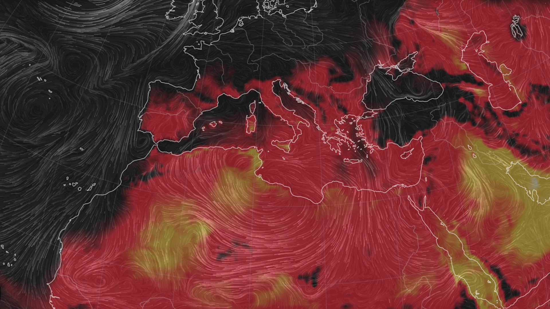 Map of temperatures in southern Europe and northern Africa