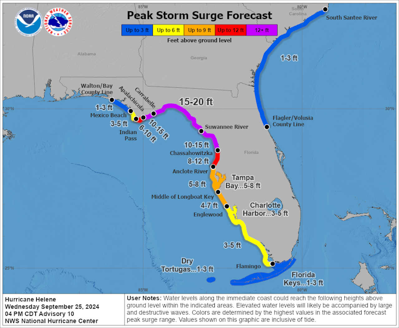 Map showing peak storm surge forecast from the hurricane center on Sept. 25 for Hurricane Helene.