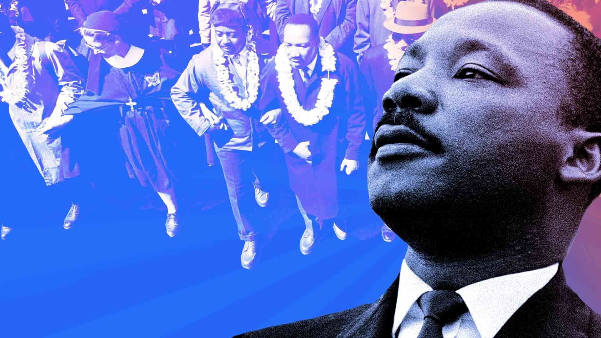 Photo illustration of Dr Martin Luther King Jr speaking before a crowd of 25,000 in Selma, and leading marchers as they begin the march from Selma to Montgomery