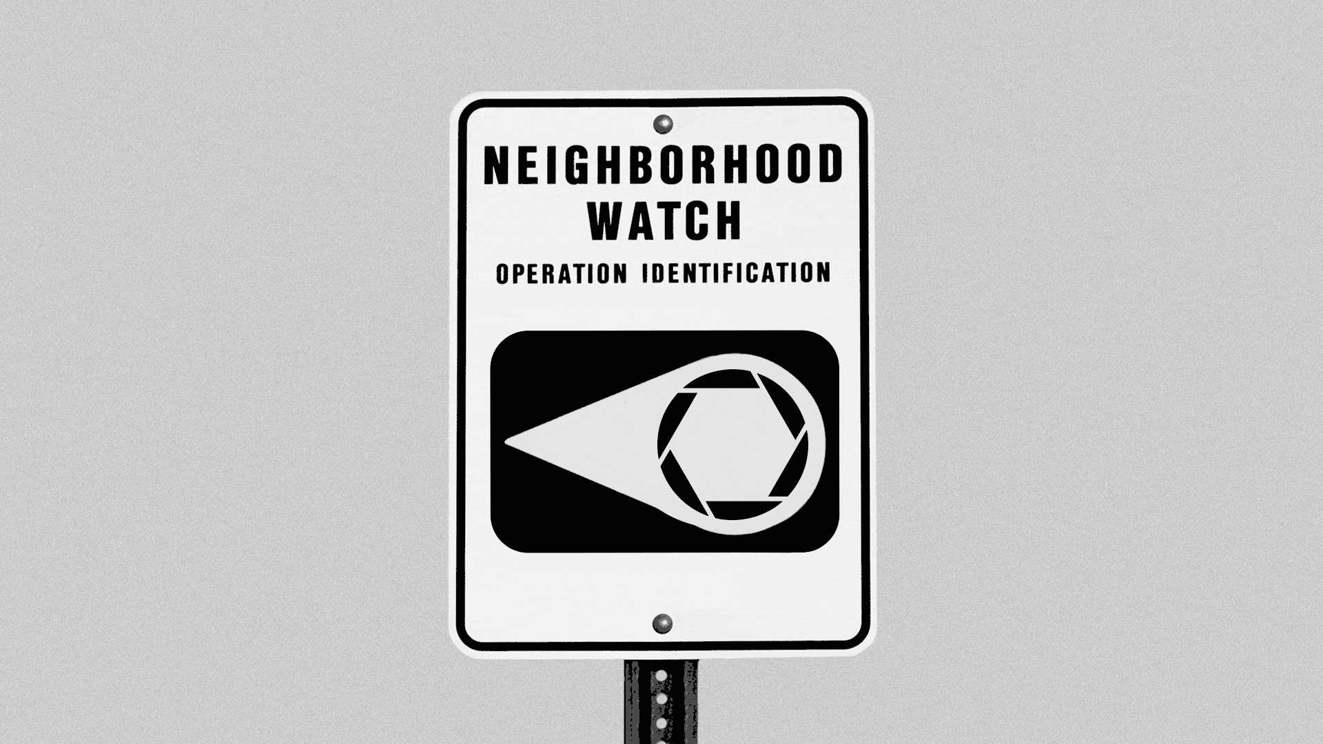 Animated illustration of a neighborhood crime watch sign with a camera aperture opening and closing as the eye.