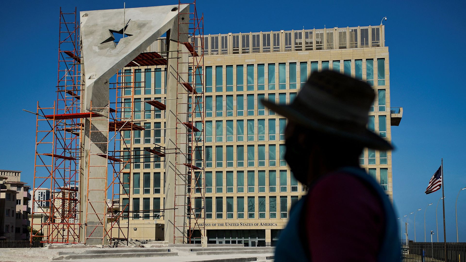 A massive concrete Cuban flag being build in front of the U.S. Embassy in Havana, in April 2021.