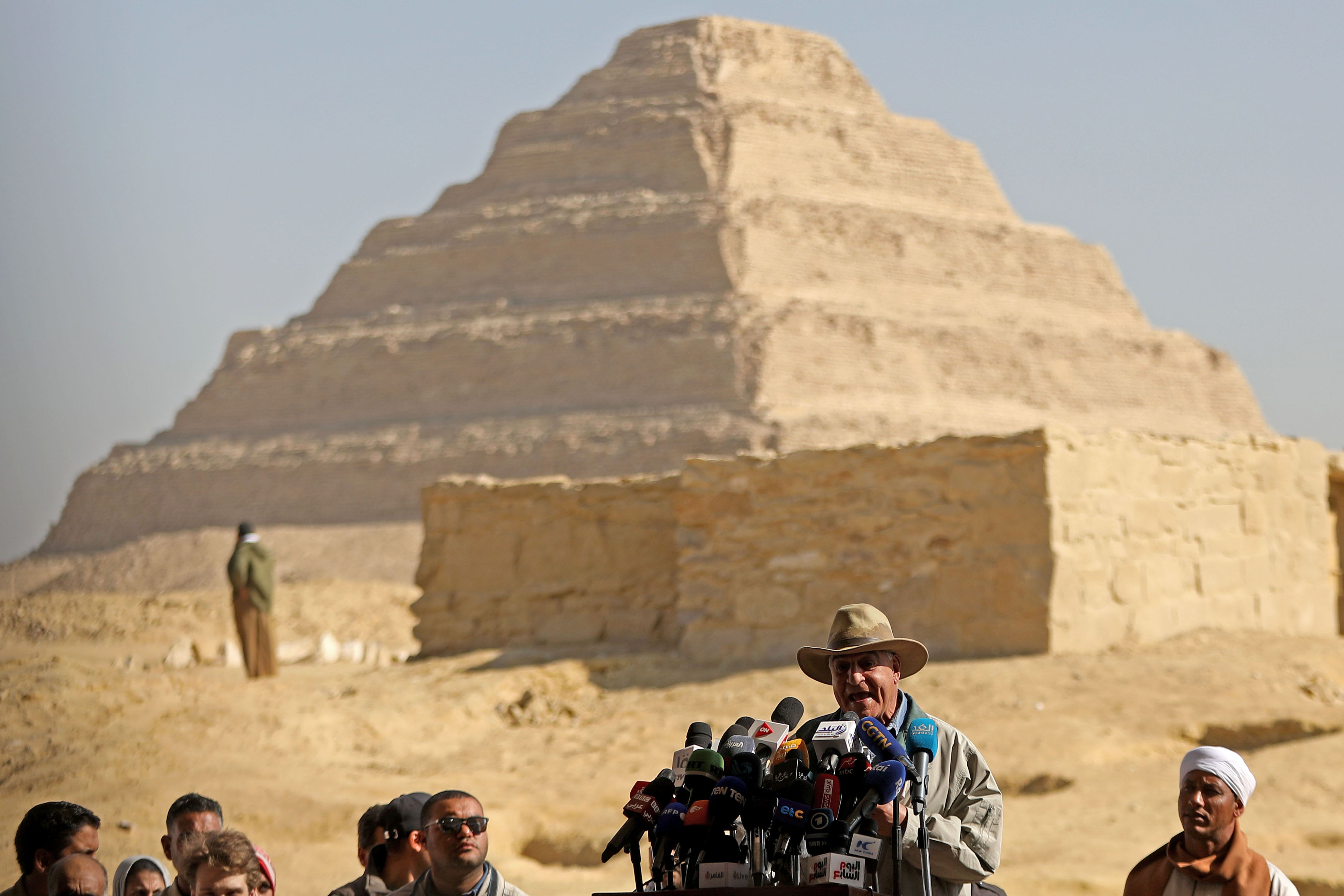 Egyptian archaeologist Zahi Hawass at a press conference to announce new discoveries at the Modir Bridge in Saqqara, on January 26
