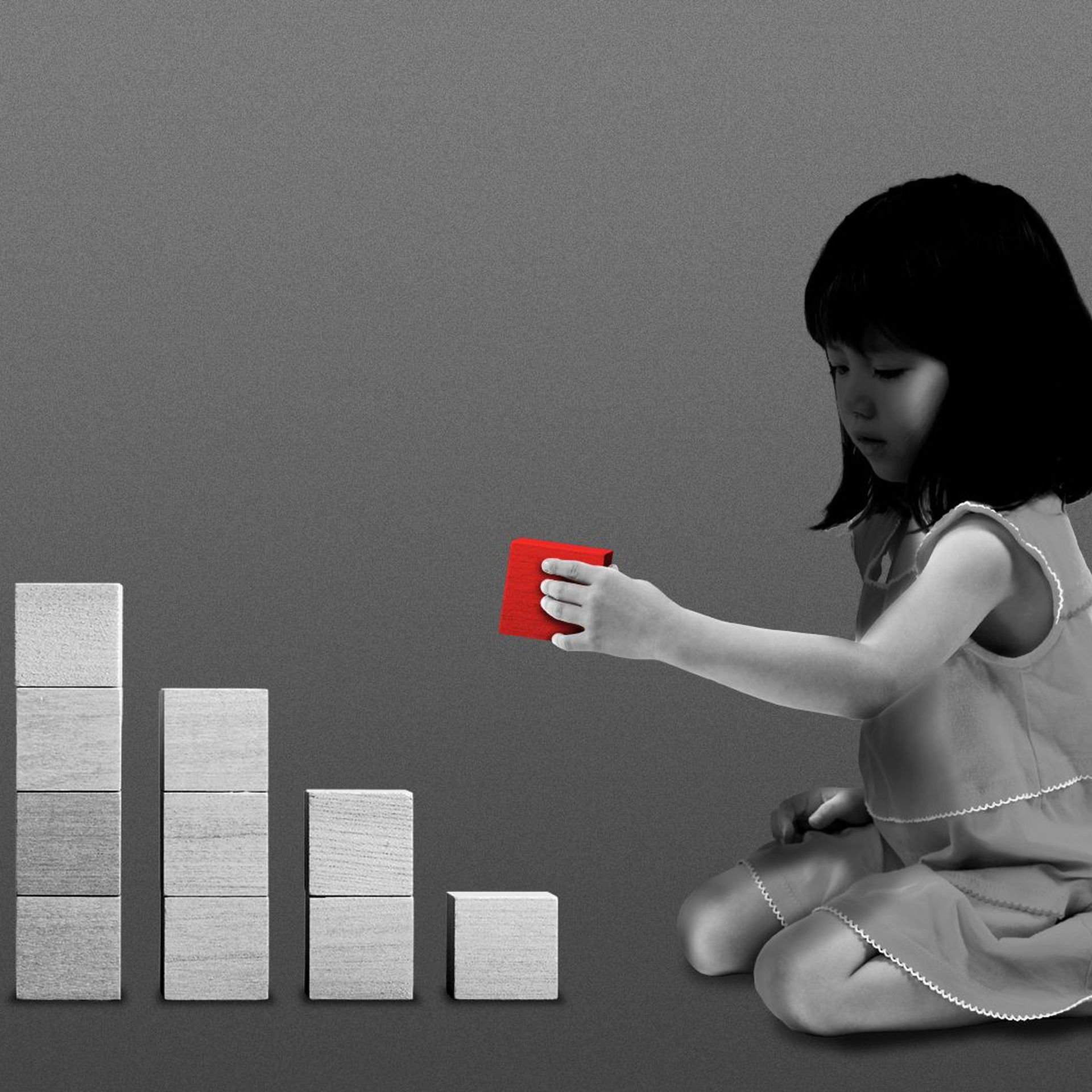 Illustration of a child sitting next to toy blocks arranged in a downward sloping bar chart