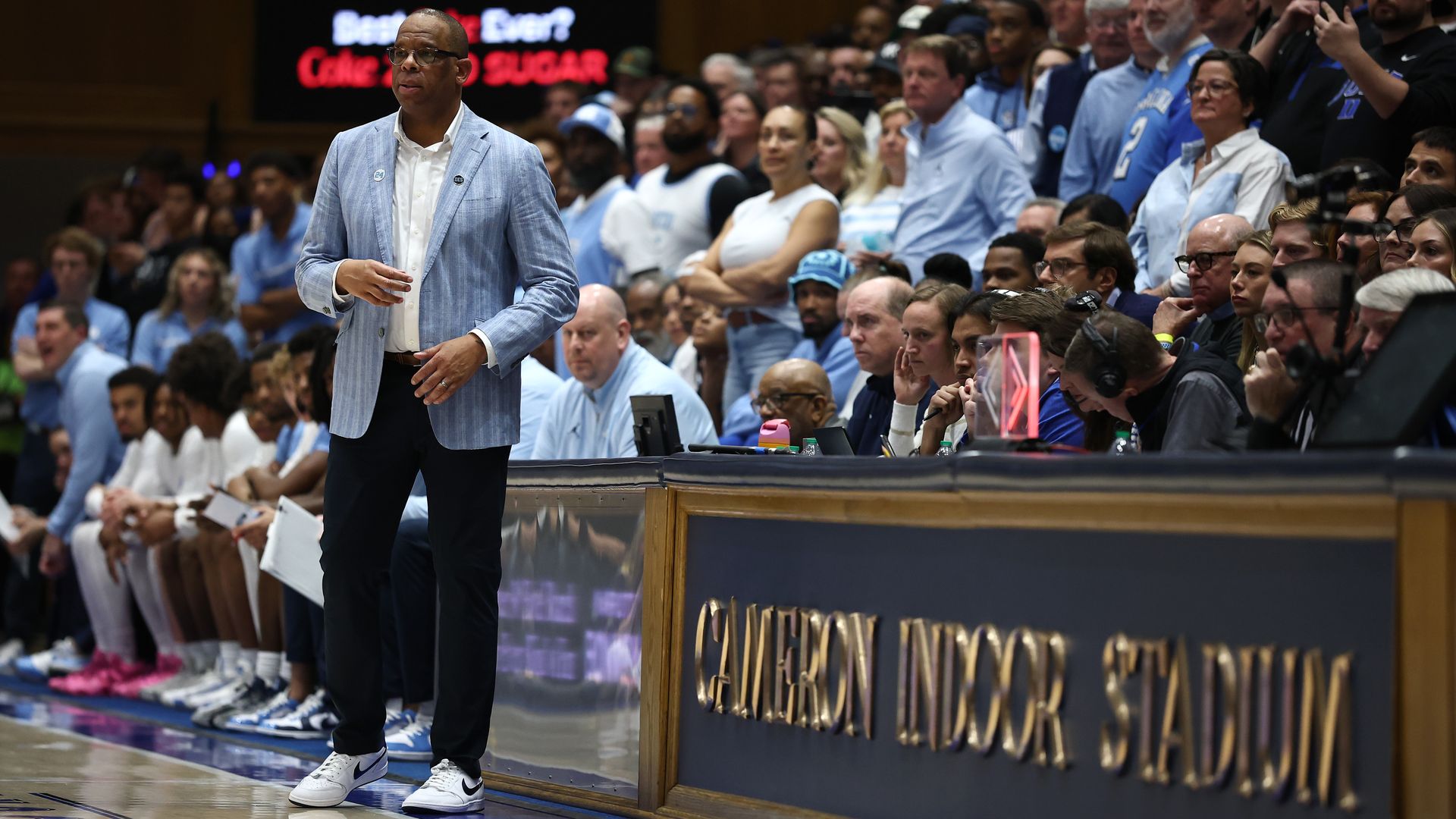 DURHAM, NORTH CAROLINA - FEBRUARY 01: Head coach Hubert Davis of the North Carolina Tar Heels looks on during the first half of the game against the Duke Blue Devils at Cameron Indoor Stadium on February 01, 2025 in Durham, North Carolina. (Photo by Jared C. Tilton/Getty Images)