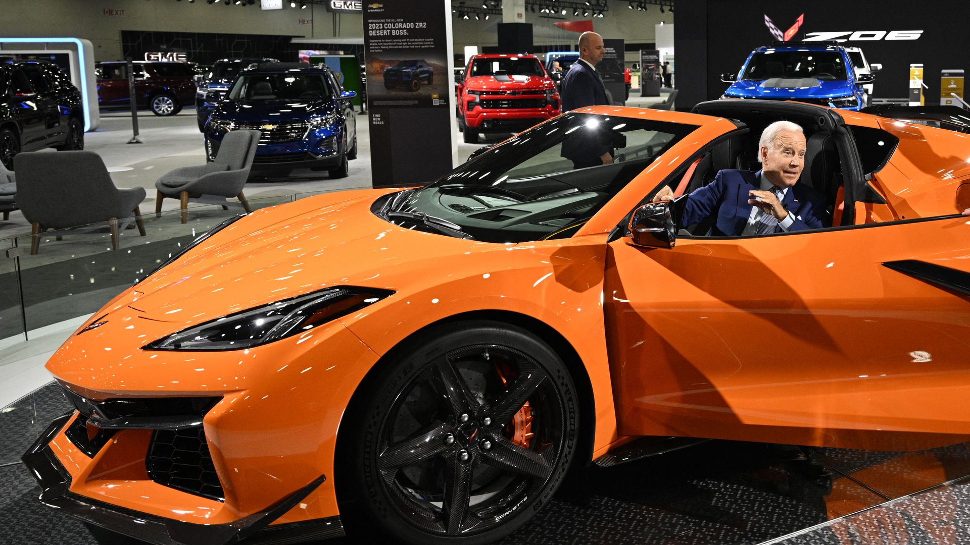 President Joe Biden sits in a Chevrolet Corvette Z06 as he tours the Detroit Auto Show.