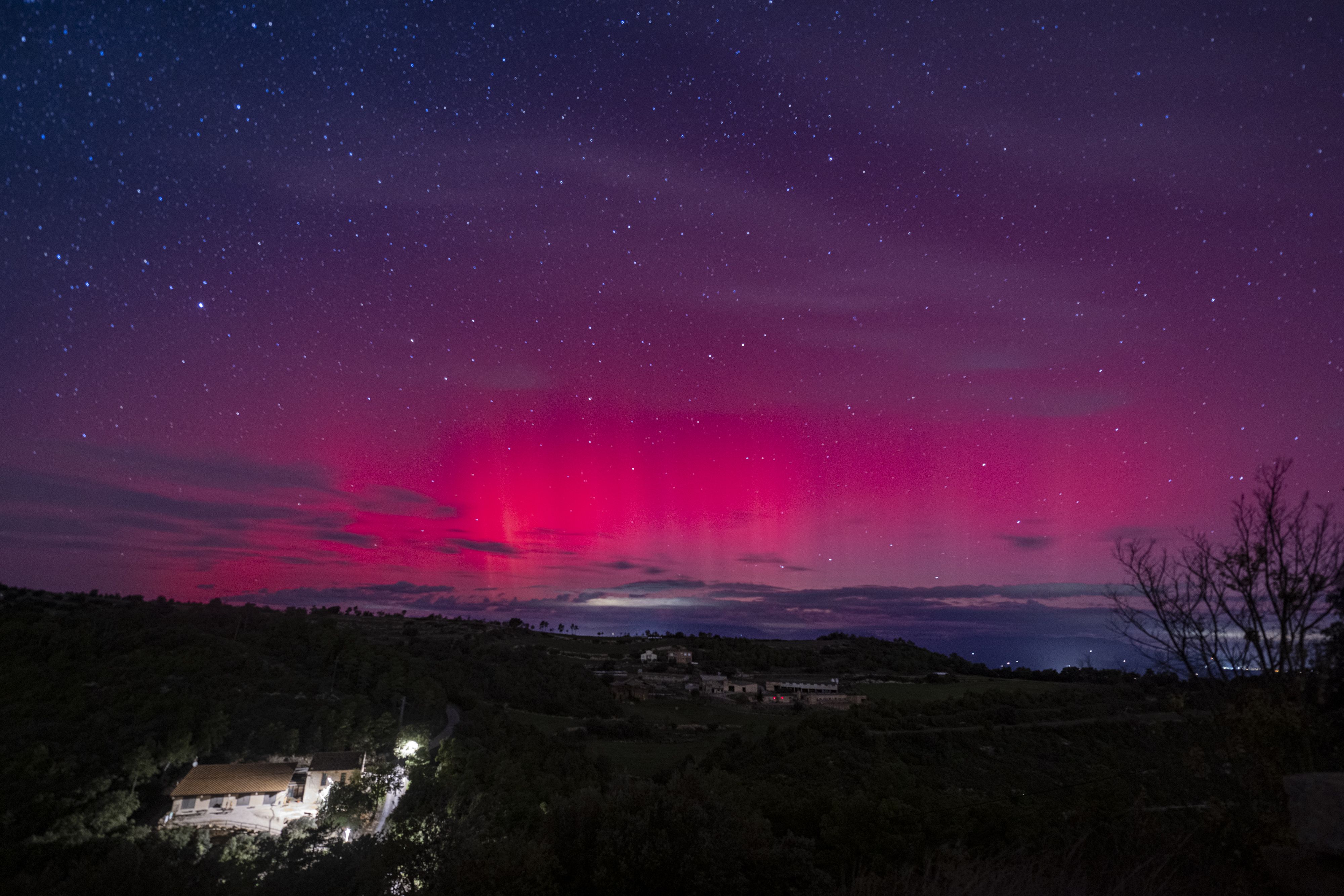 An aurora borealis from the Castelltallat astronomical observatory, on October 10, 2024, in Catelltallat, Barcelona, Catalonia (Spain). Last May, the northern lights were seen in some areas of the peninsula, surprising the inhabitants of several cities. 