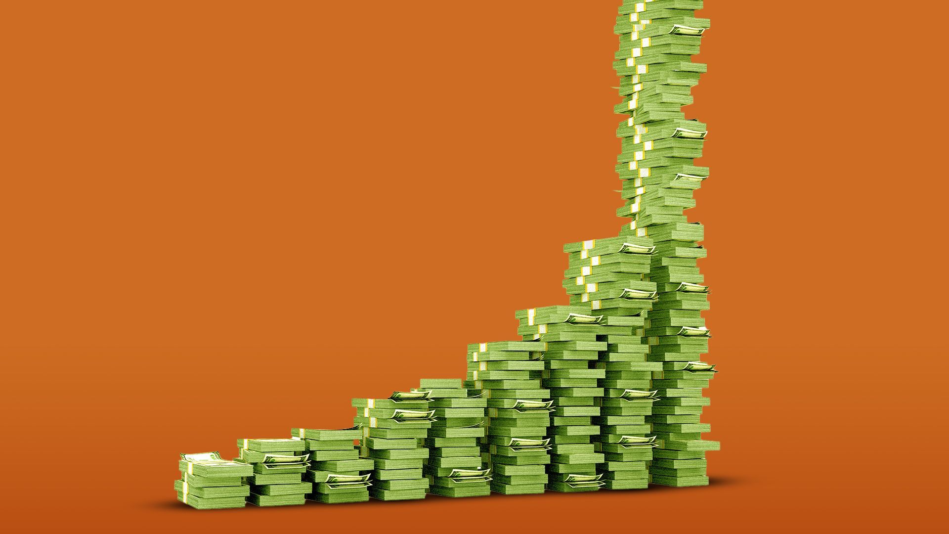 Illustration of stacks of money progressively getting larger with the last one so tall that it goes off screen. 