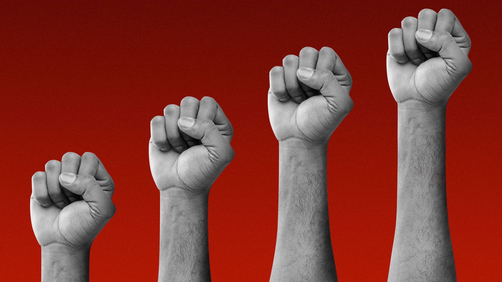 Illustration of fists getting longer like an upward trending bar chart.