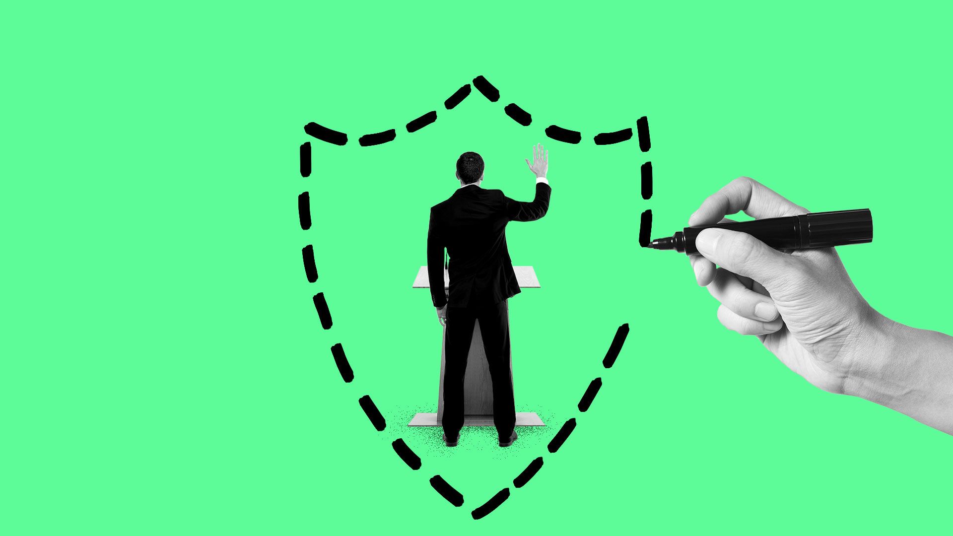 Illustration of a hand drawing a shield shape around a candidate behind a podium.