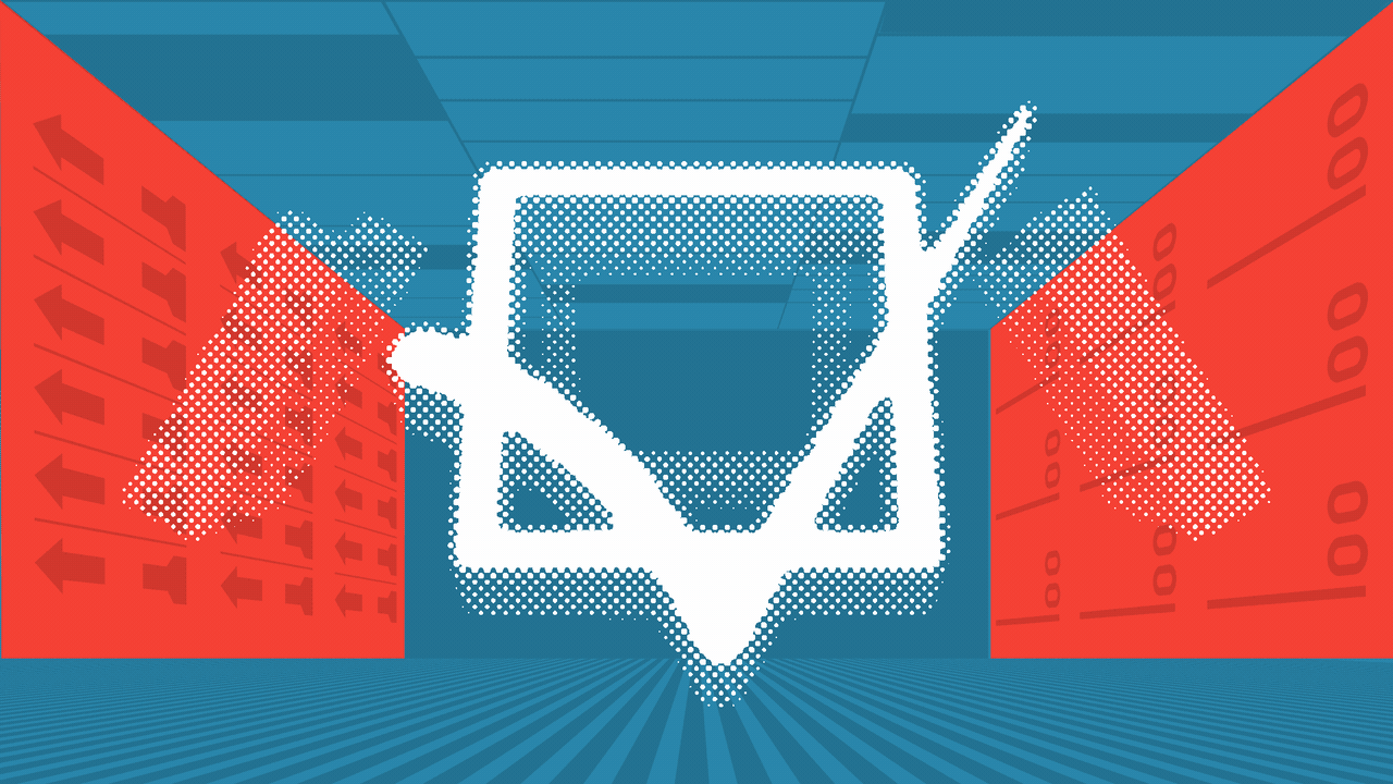 Animated illustration of the state of Oregon rotating to reveal a checkmark over a divided red and blue background with elements of ballots.