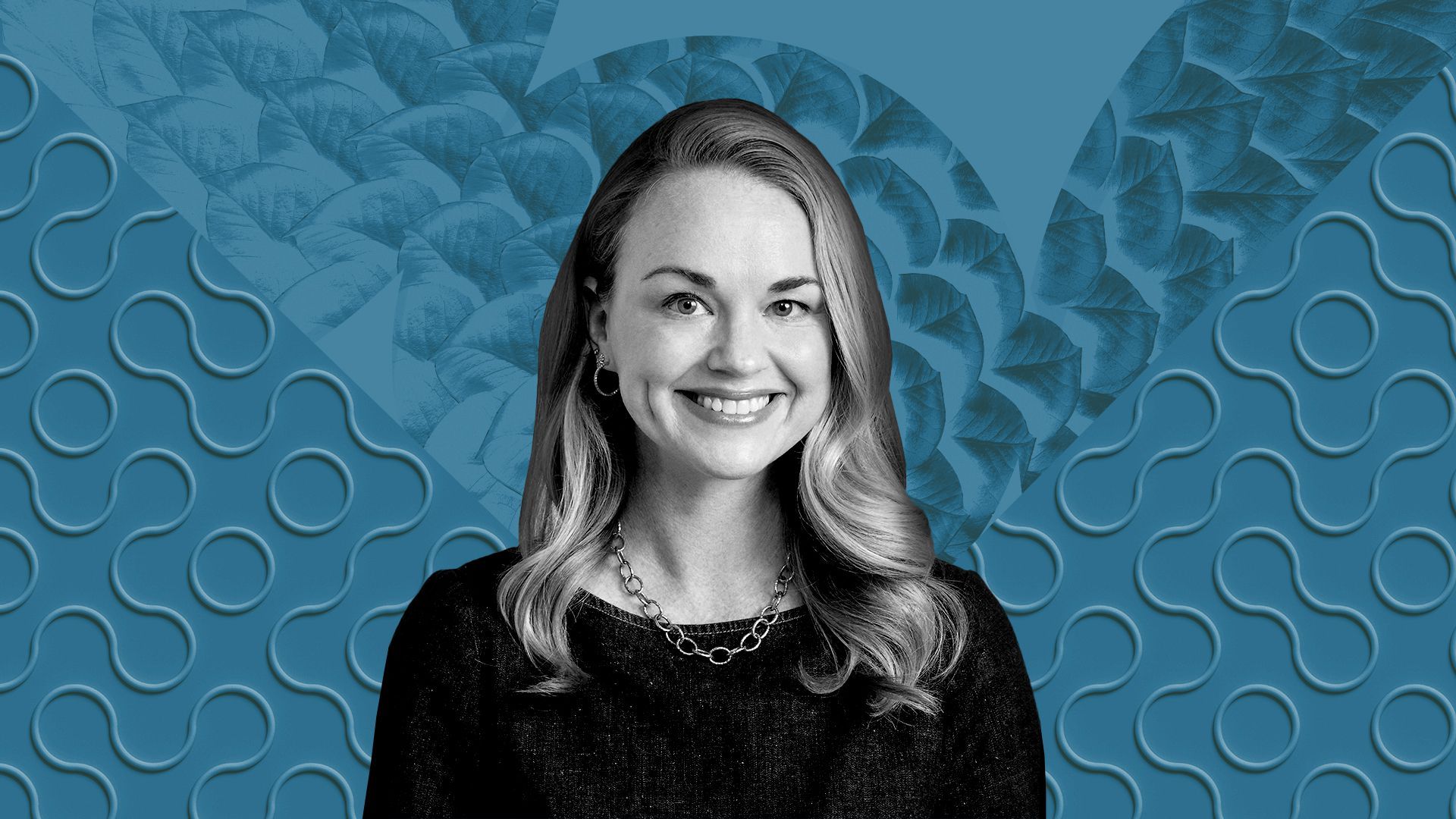 Photo illustration of Dani Dudeck in front of patterned background shapes