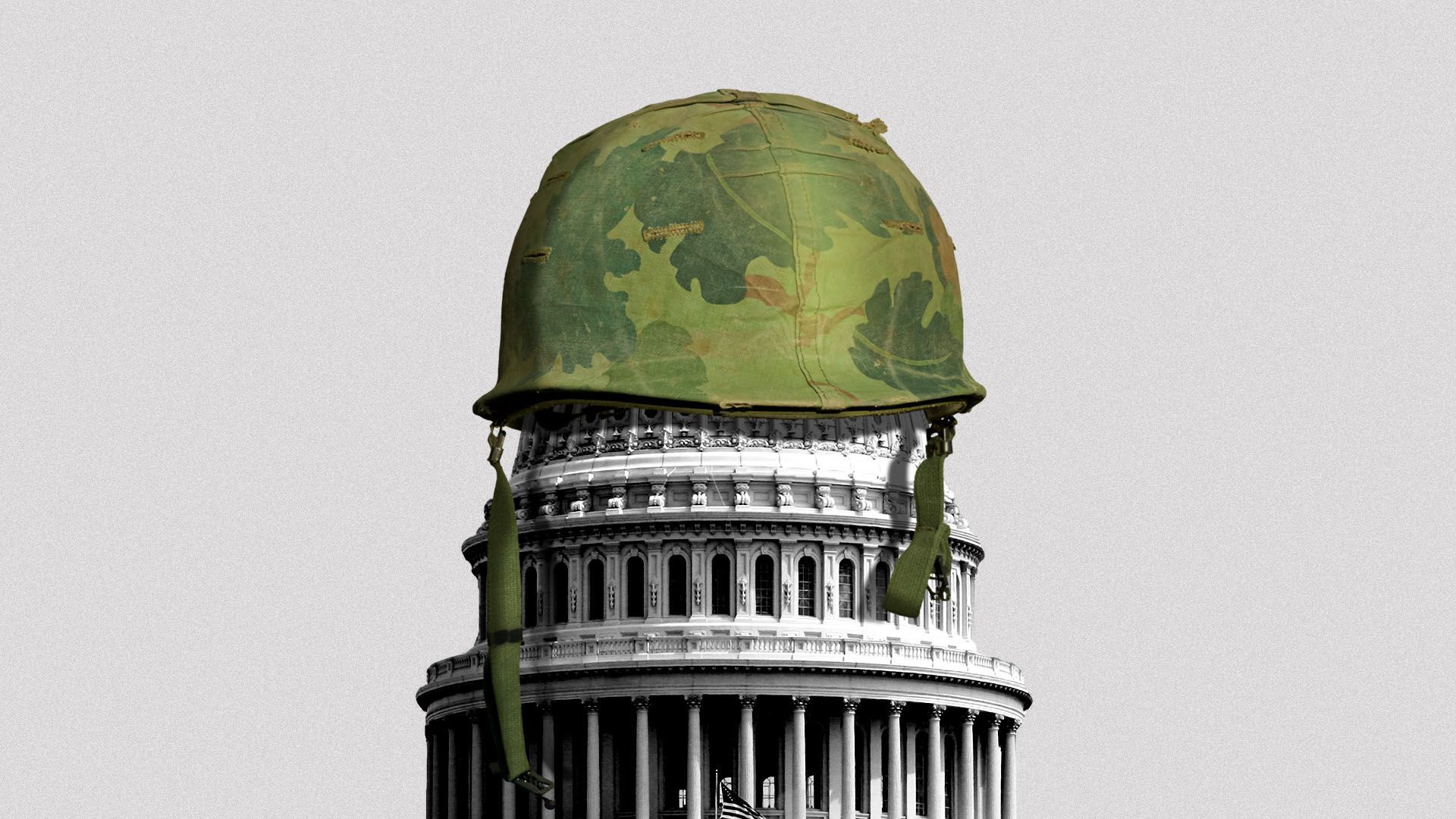 Illustration of an army helmet on top of the Capitol Dome