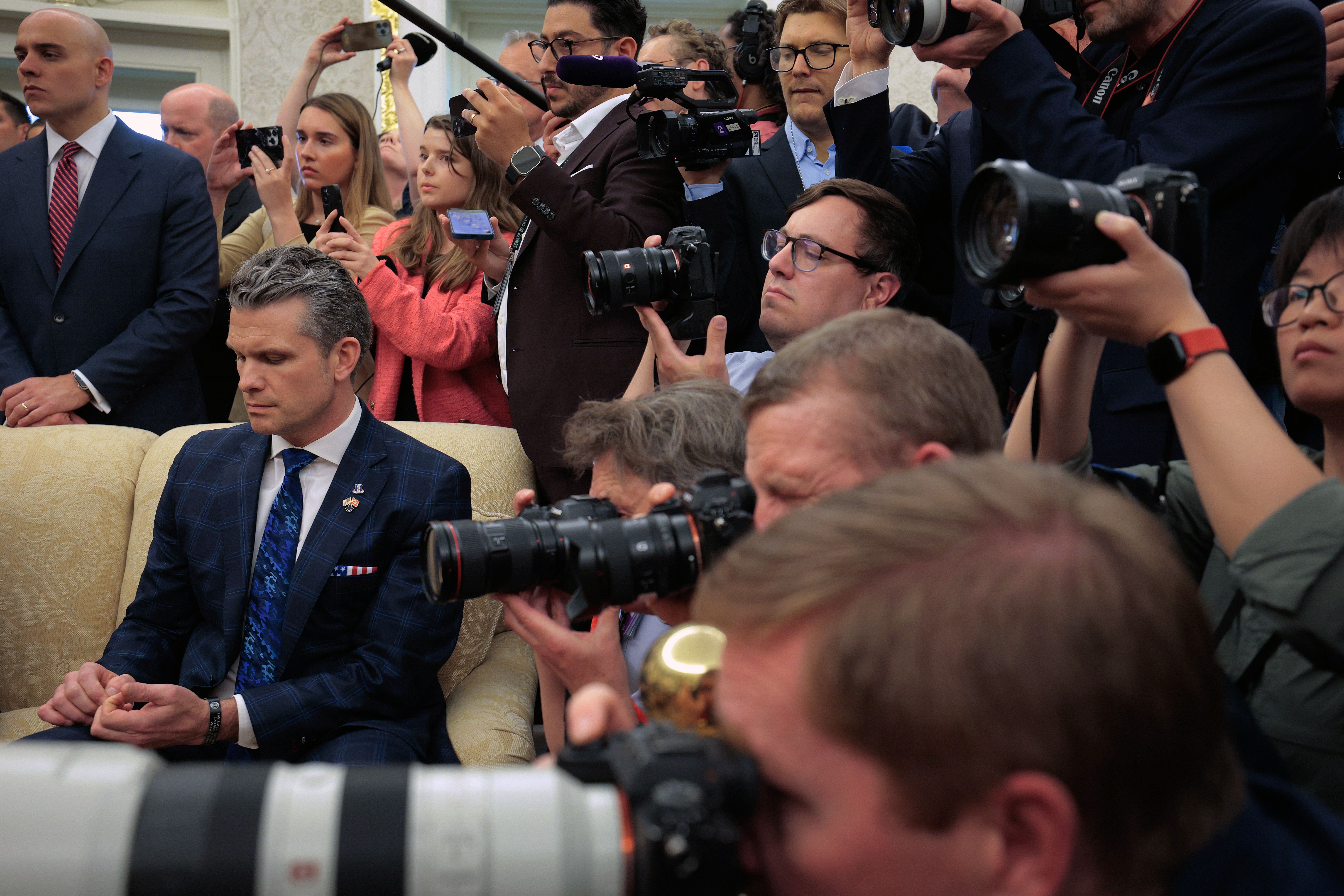 WASHINGTON, DC - APRIL 24: U.S. Defense Secretary Pete Hegseth attends a meeting between President Donald Trump and Norway's Prime Minister Jonas Gahr Store in the Oval Office at the White House on April 24, 2025 in Washington, DC. The leaders are expected to discuss security, trade, NATO and the wa