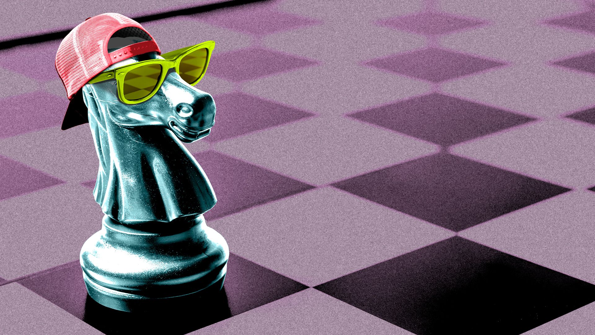 Illustration of a knight chess piece wearing a backward baseball cap and sunglasses.