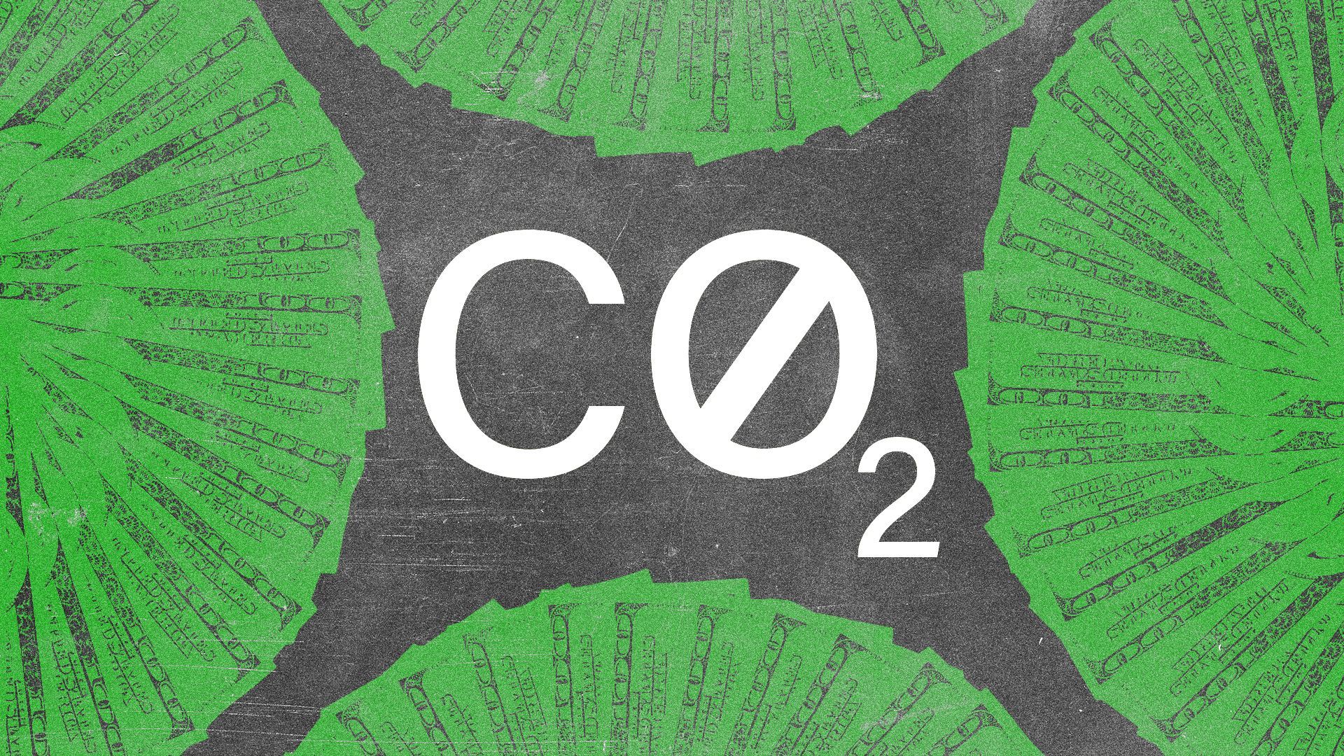 Illustration of the carbon dioxide symbol surrounded by fans of money with the "O" replaced by the no symbol.