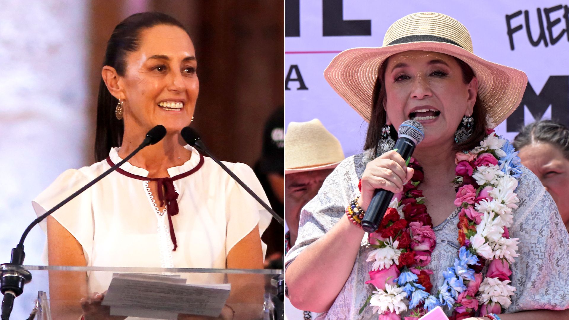 Two side-by-side photos show Mexican presidential candidates Claudia Sheinbaum and Xóchitl Gálvez