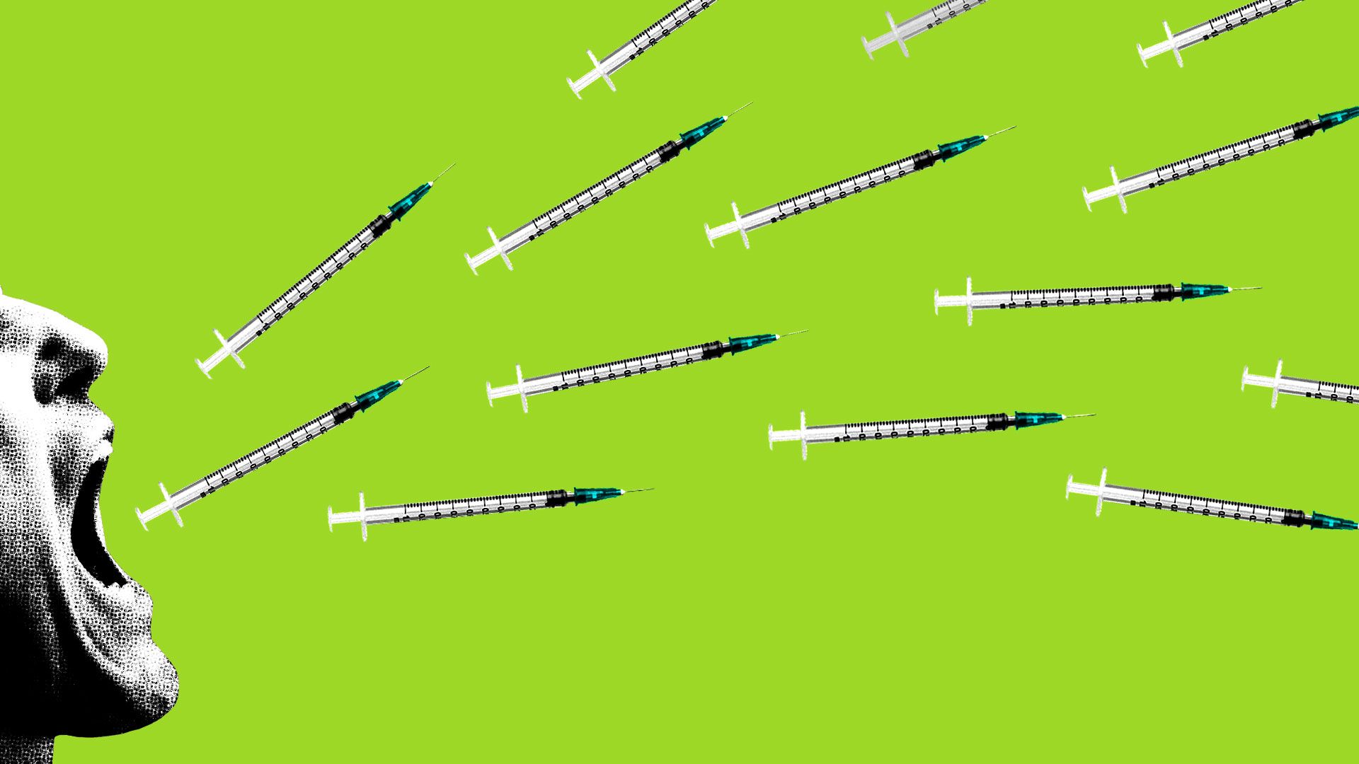 Illustration of a man yelling with vaccination syringes projecting from his mouth.