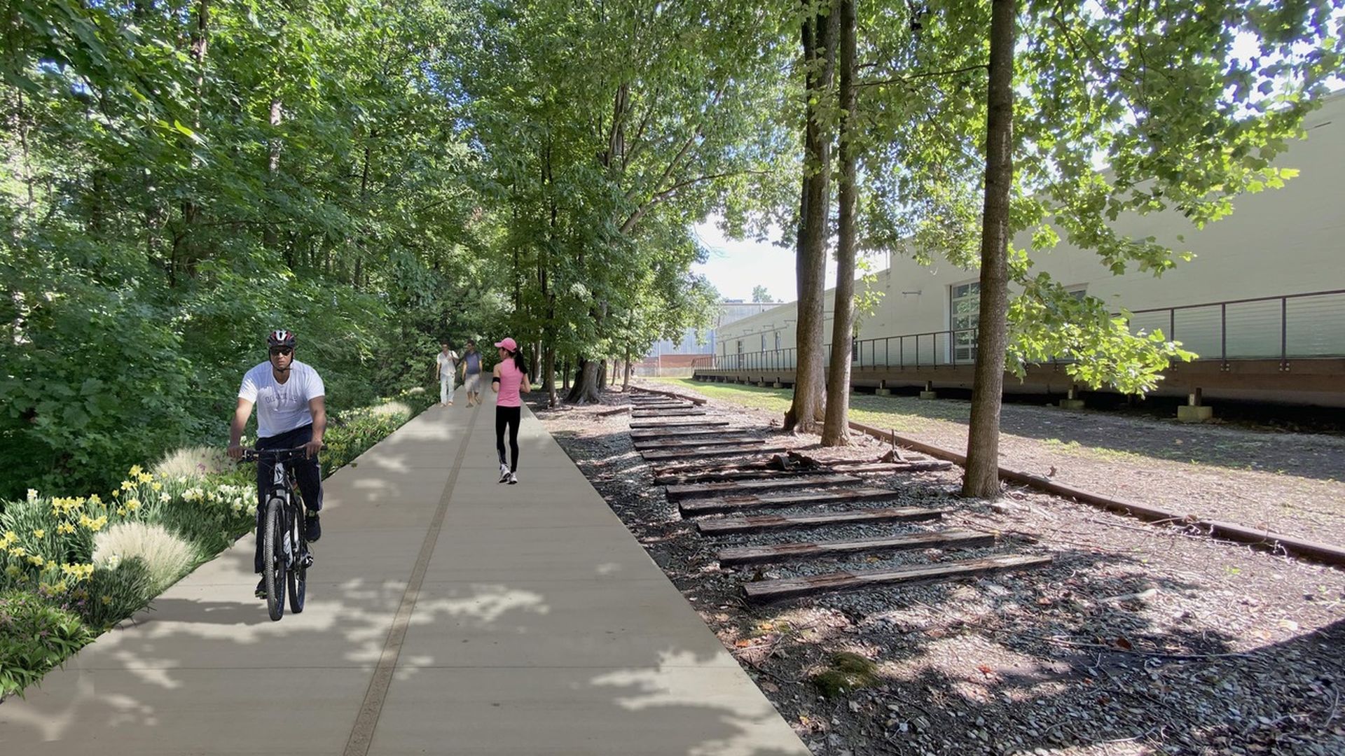 A rendering of a person riding a bicycle and a person jogging on a shaded paved path