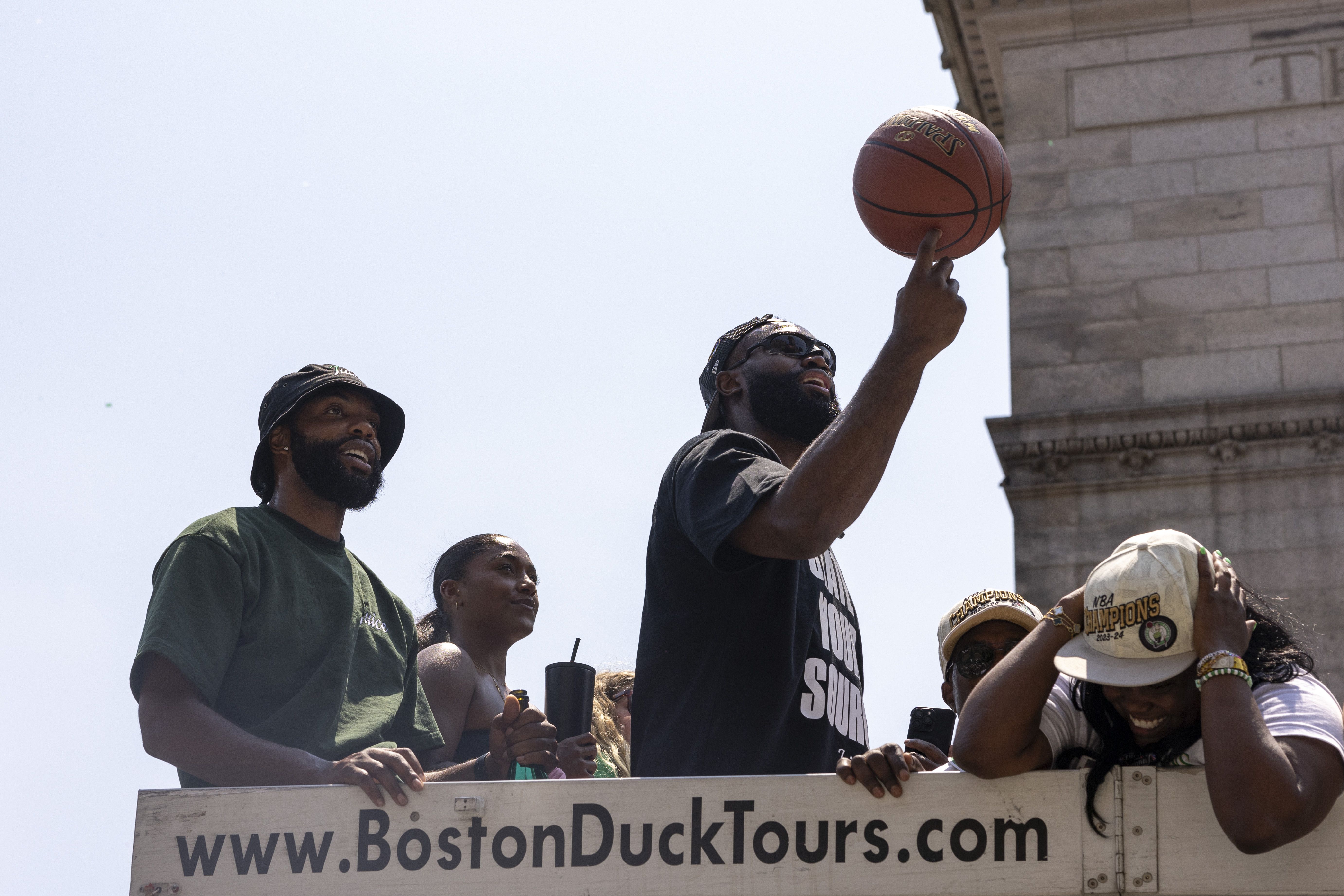 Jaylen Brown #7 of the Boston Celtics reacts during the 2024 Boston Celtics championship parade following their 2024 NBA Finals win on June 21, 2024 in Boston.