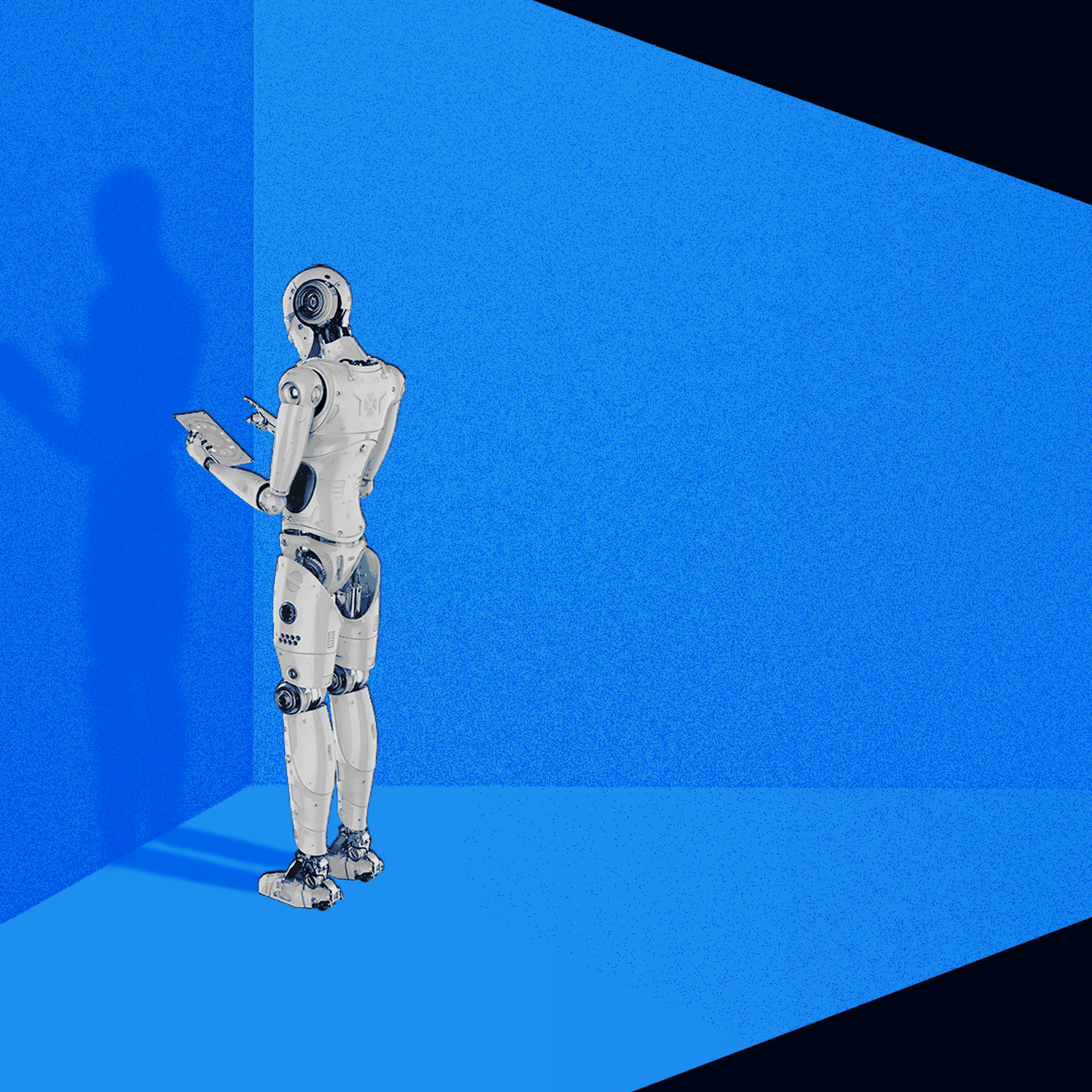 Illustration of a spotlight illuminating an AI robot in the corner of a room.