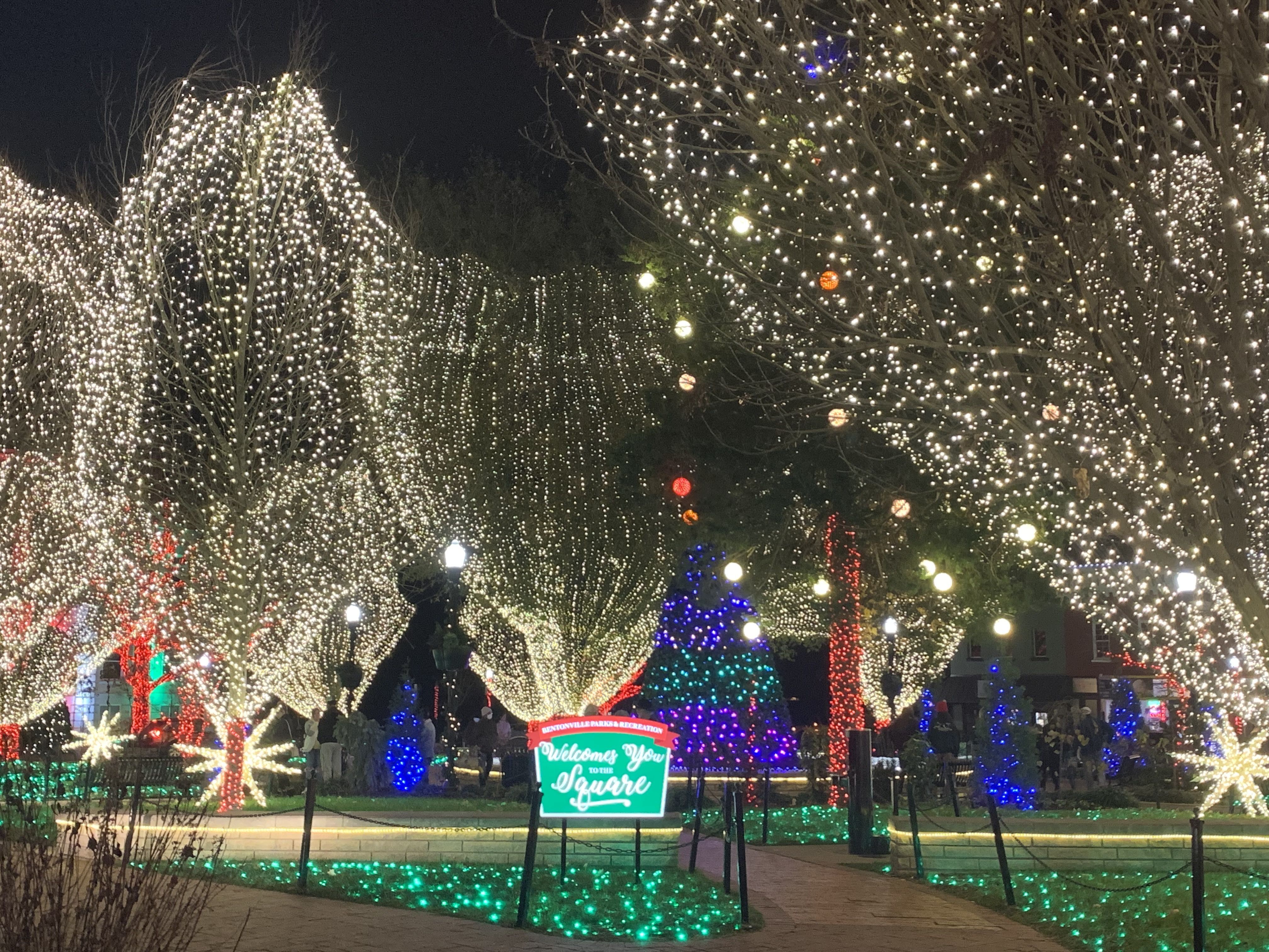 The Bentonville square is all lit up. 