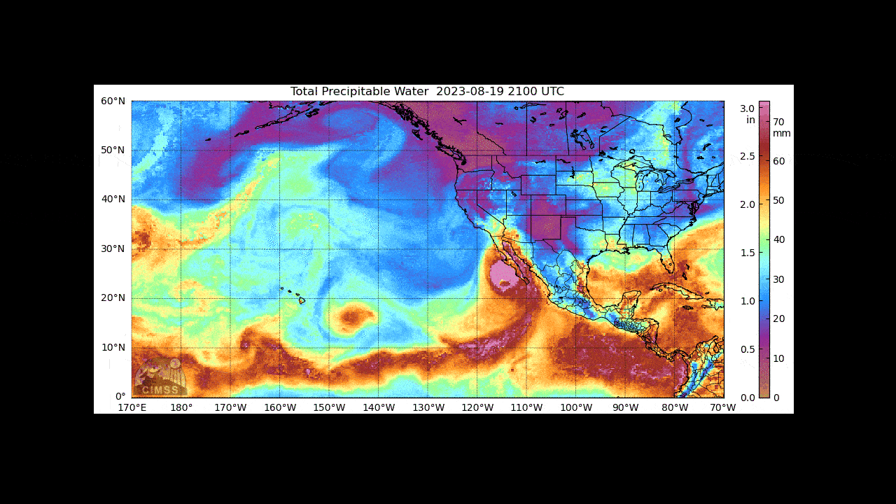 Animation of atmospheric water vapor on August 19 and 20, showing the tropical moisture feeding into then-Hurricane Hilary.