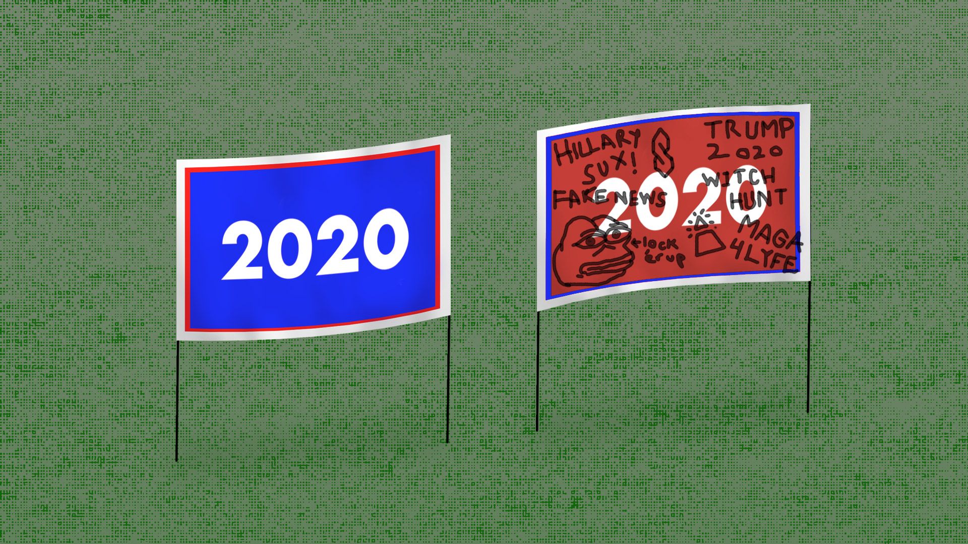 Two campaign signs on a lawn; one is pristine, and the other is badly defaced