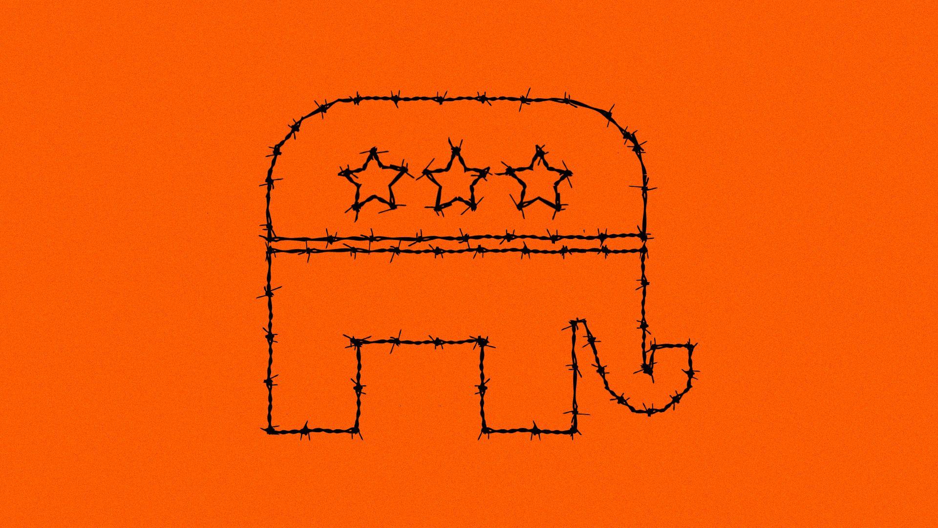 An illustration of a Republican elephant made out of barbed wire