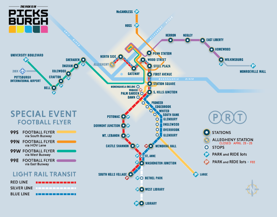 A map of Pittsburgh Regional Transit's bus and light-rail system, including special Football Flyer routes for the NFL Draft. 