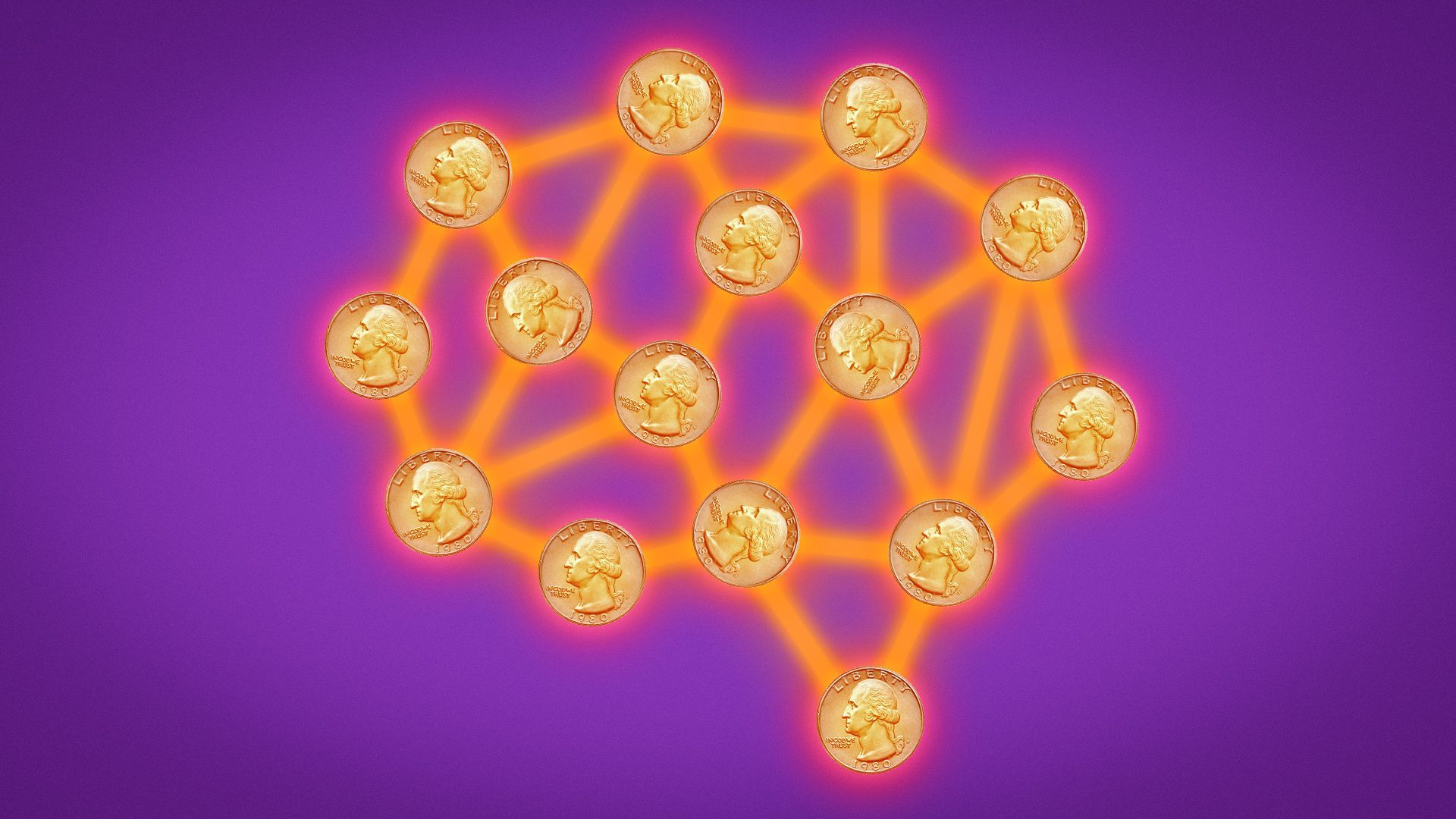 Illustration of a brain made out of glowing lines and nodules composed of quarters. 