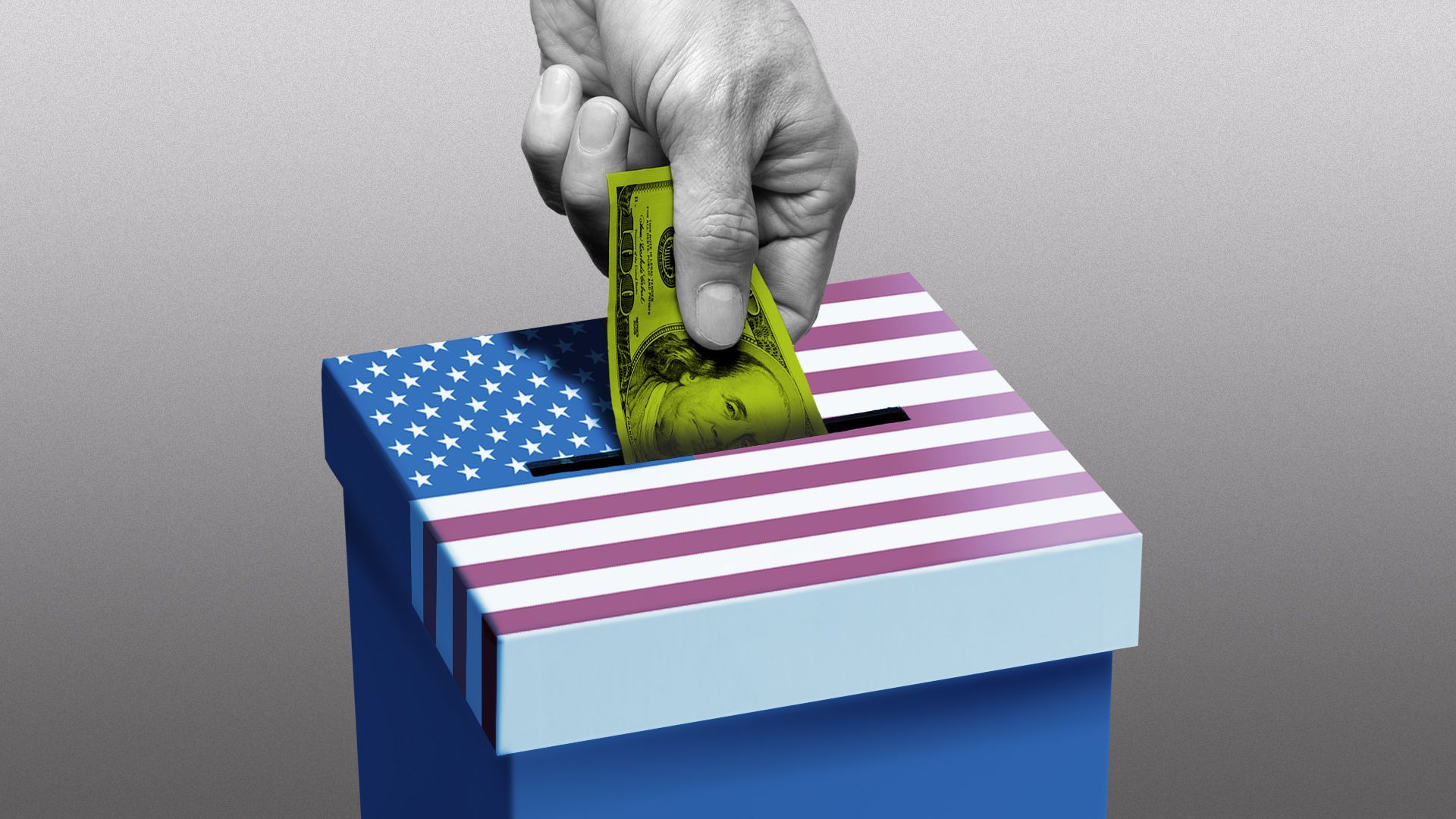 Illustration of a hand putting a hundred dollar bill in an American-flag ballot box