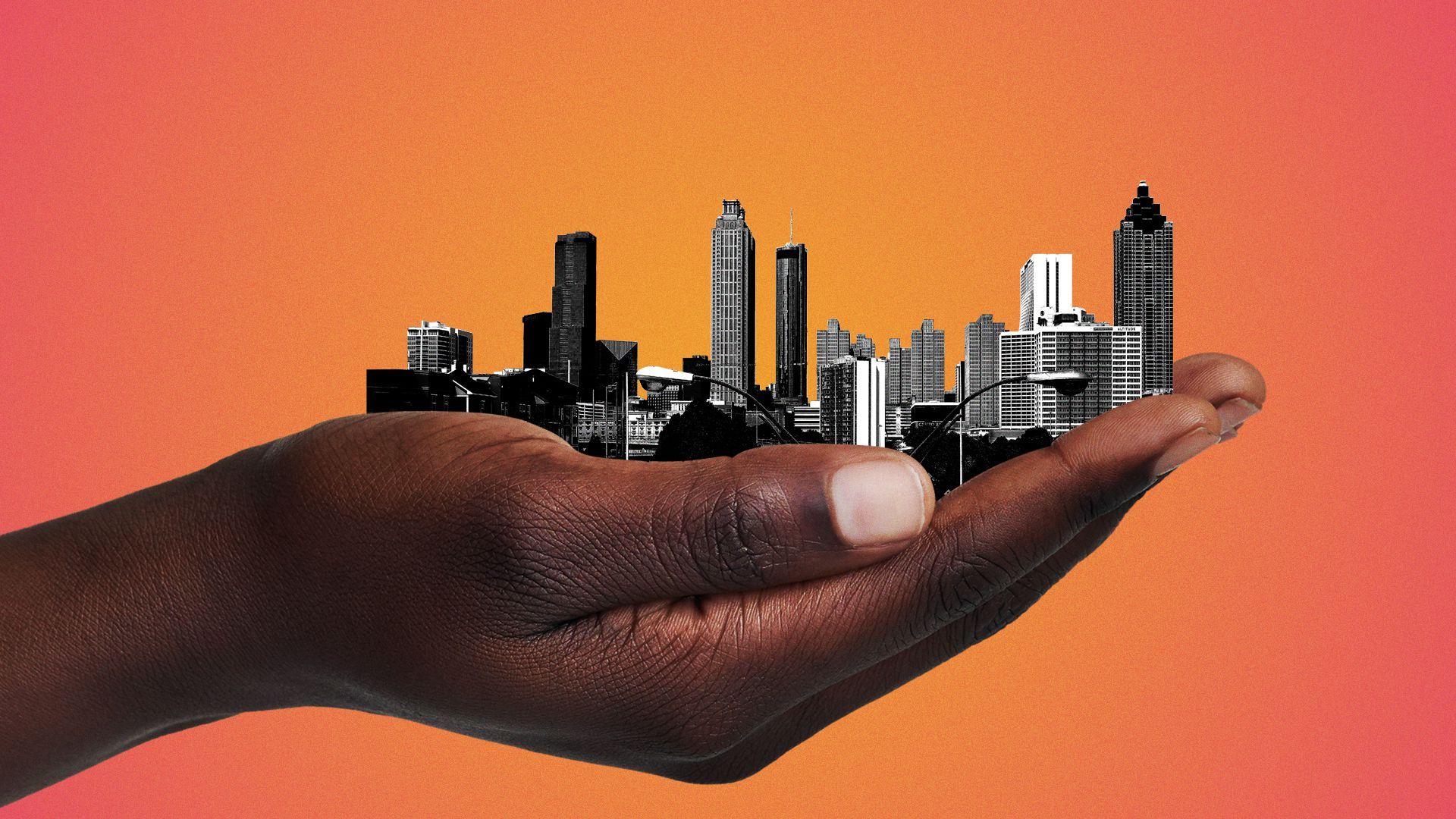 Illustration of a Black woman's hands holding the city of Atlanta.