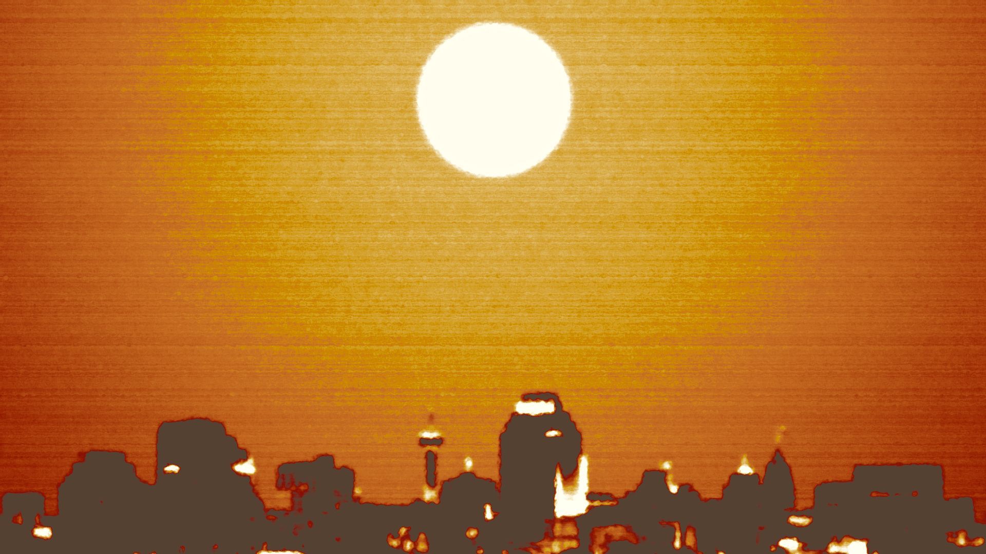 Illustration of the San Antonio skyline under a hot sun.