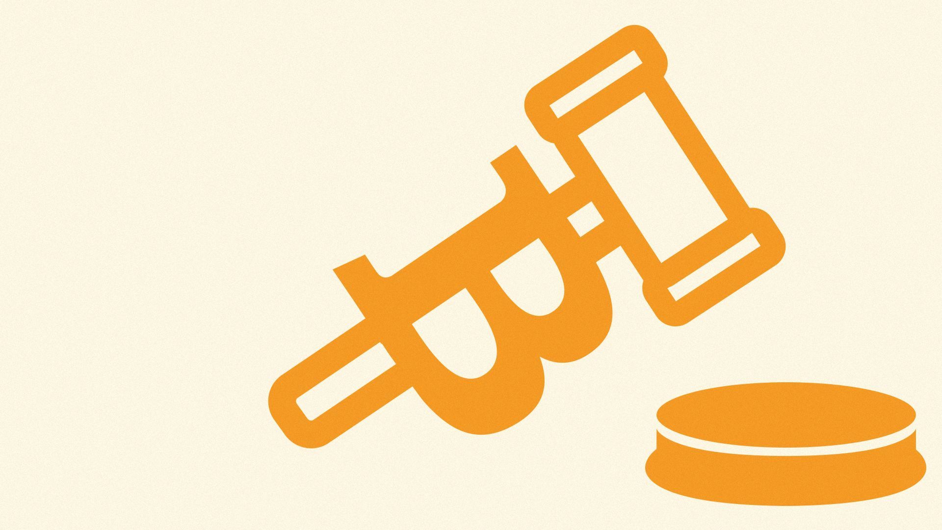 Illustration of the Bitcoin logo as a gavel hitting a gavel rest.