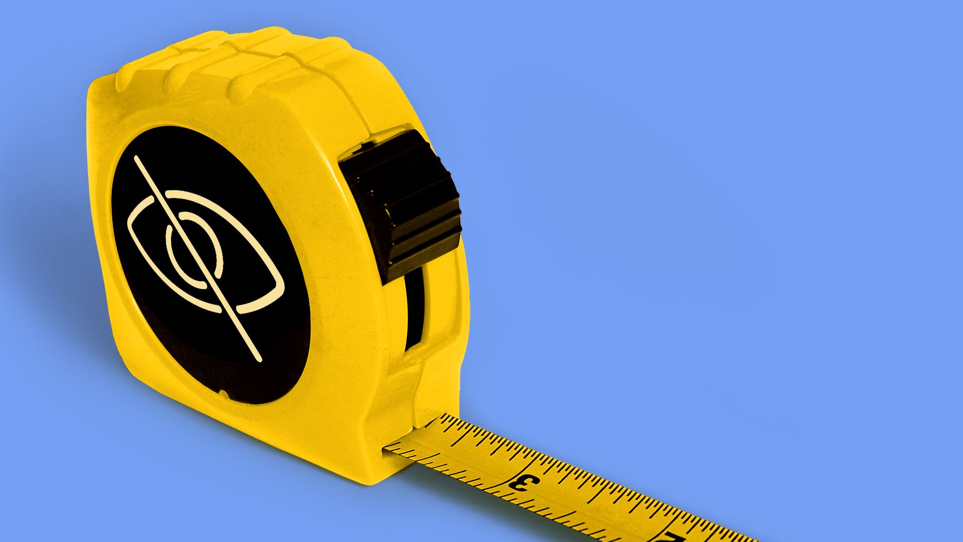 Yellow tape measure with black eye symbol crossed out on side, extended to about 3 inches, on a blue background.