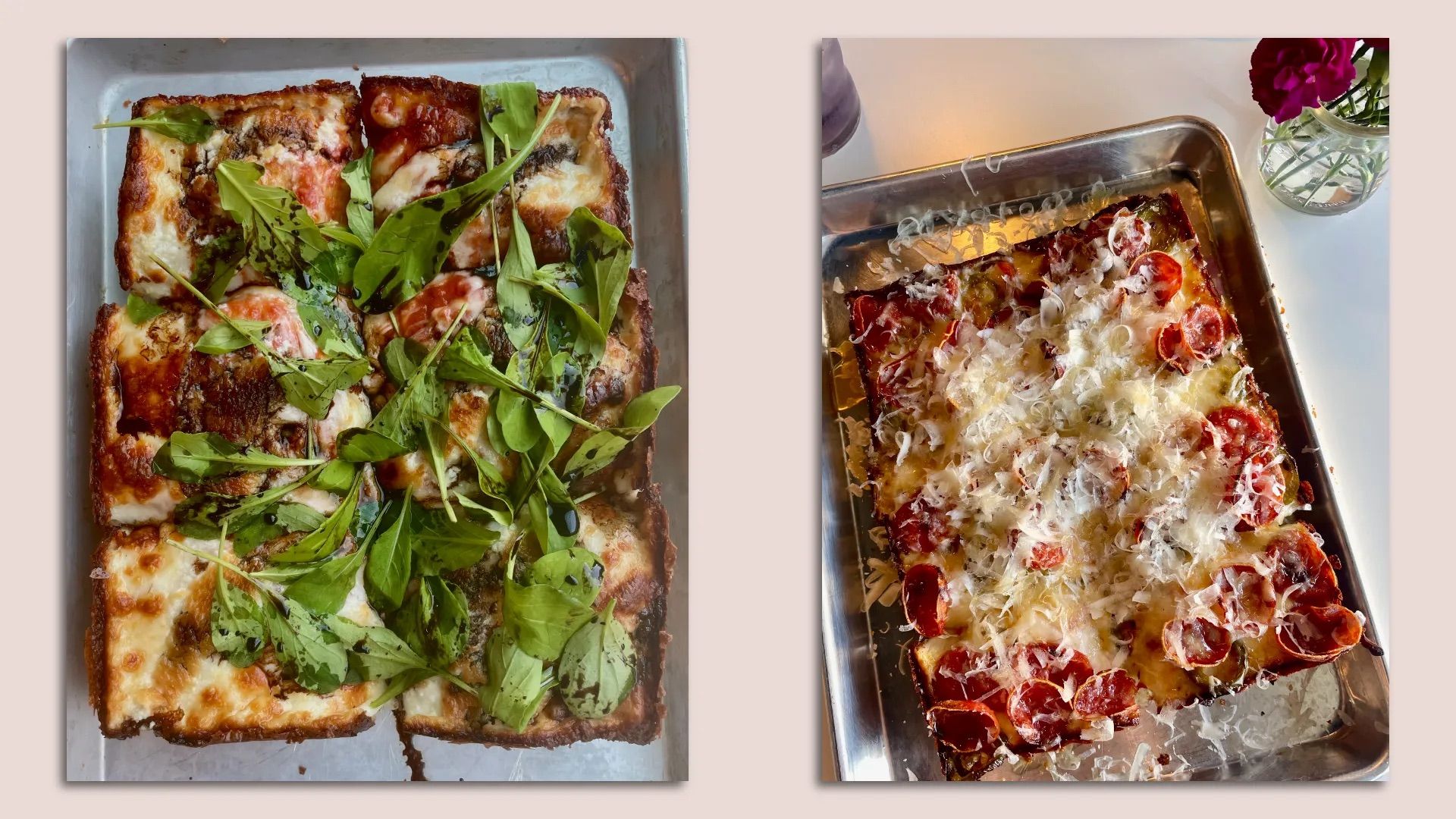 Two rectangle-shaped deep dish pizzas.