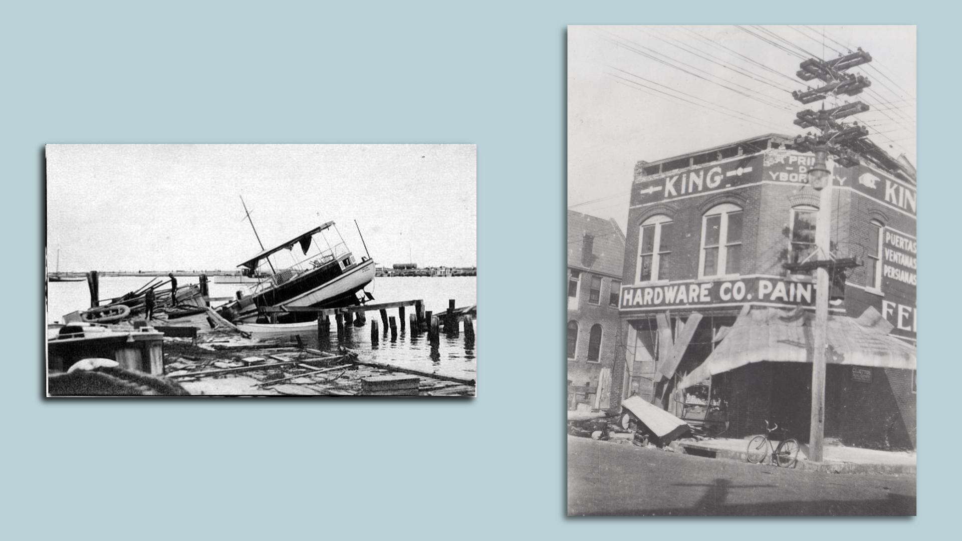 A pair of archive photos show damage from a 1921 hurricane.