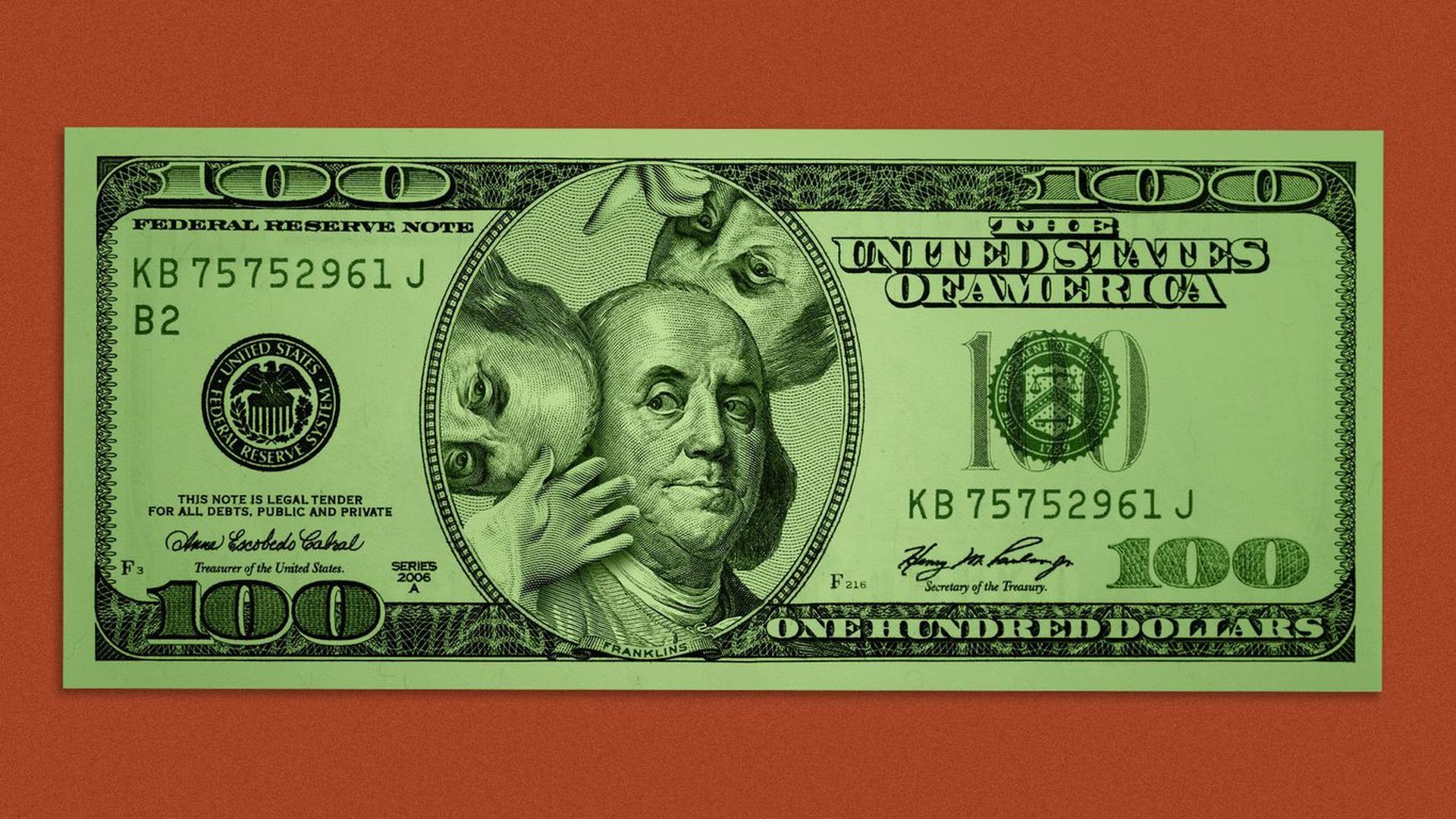 An $100 bill with multiple Ben Franklins on it