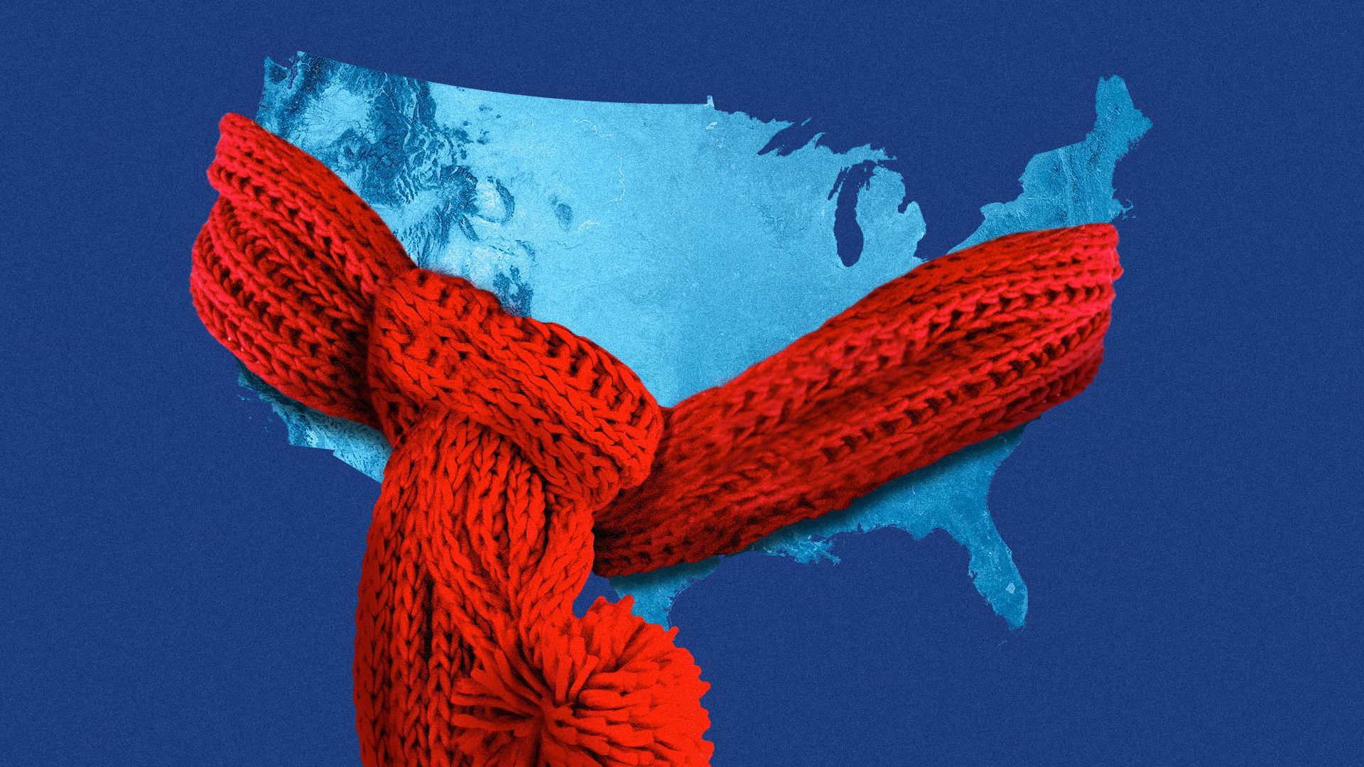 Illustration of a map of the United States wearing a knit scarf.