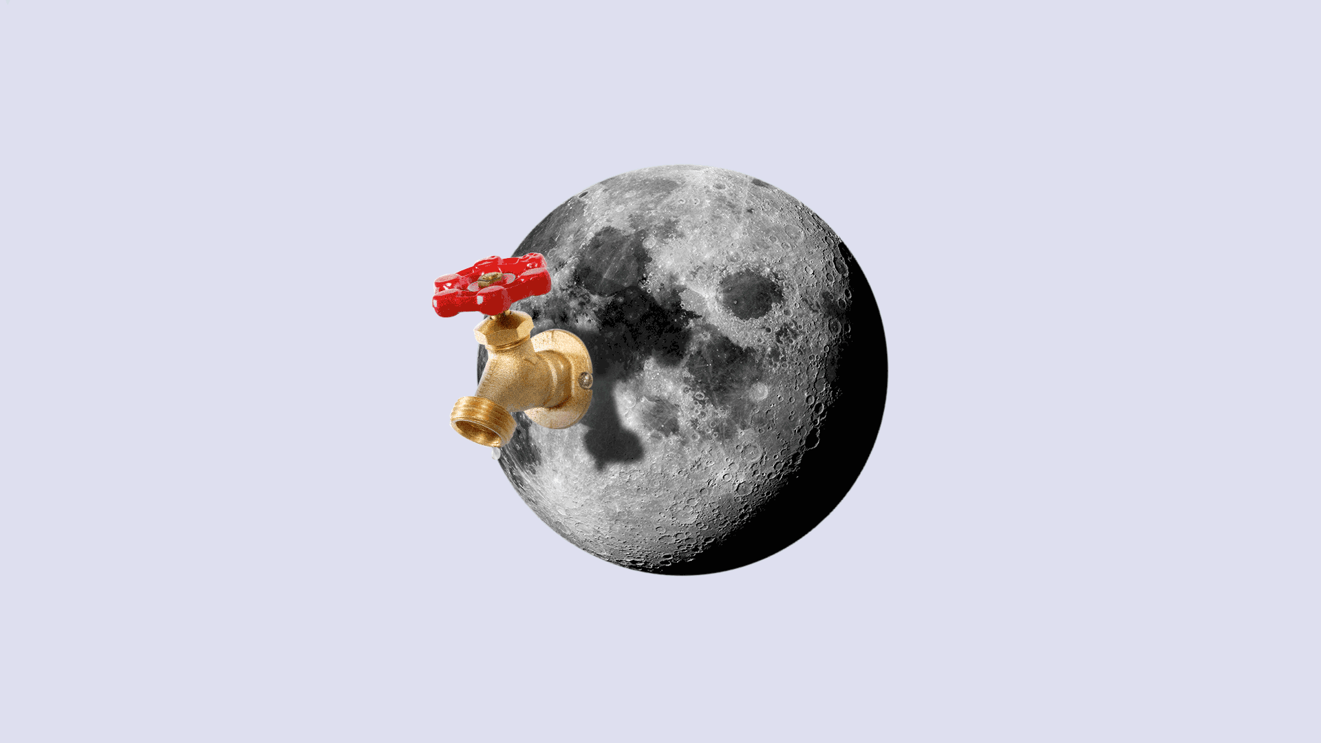 Animated illustration of a leaking water faucet affixed to the side of the moon.