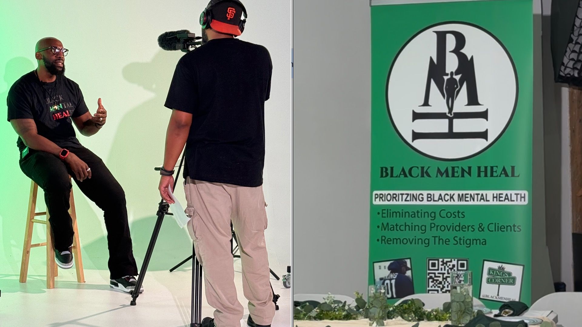 Left to right: Former NFL player Tim Massaquoi sitting in a studio as a videographer films. A green Black Men Heal banner with the slogan Prioritizing Black Mental Health.