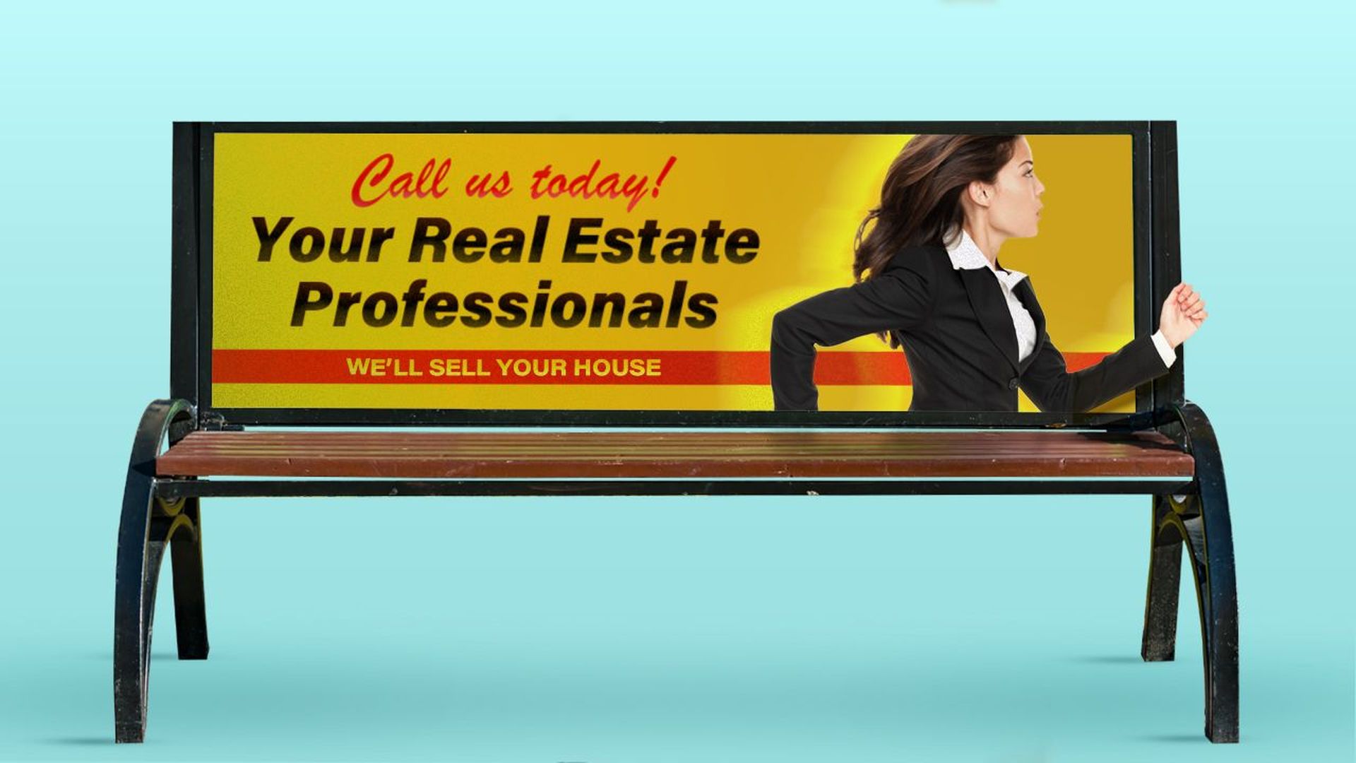 Illustration of a bench with a real estate ad that pictures a woman wearing a suit sprinting out of frame