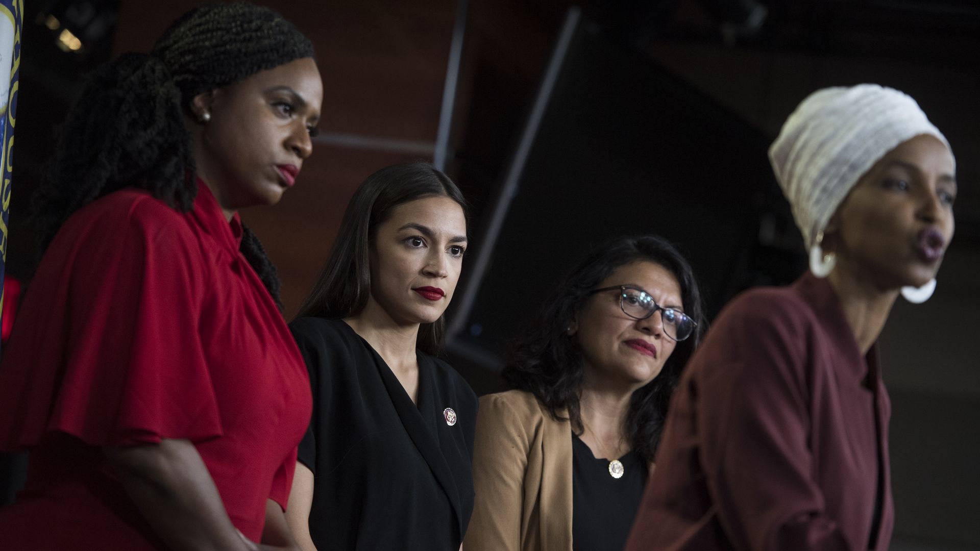 Reps. Ayanna Pressley, , Alexandria Ocasio-Cortez,, Rashida Tlaib and Ilhan Omar during a press conference in July 2019. 