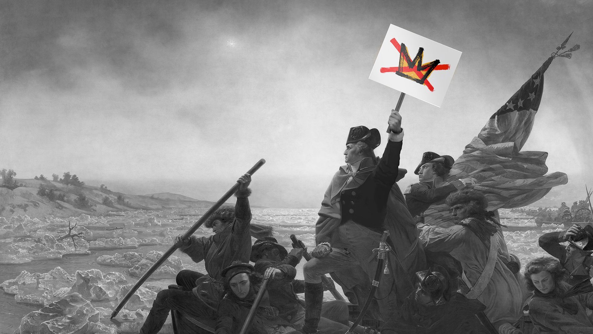 Photo illustration of George Washington holding a "No Kings" protest sign in the painting "Washington Crossing the Delaware".